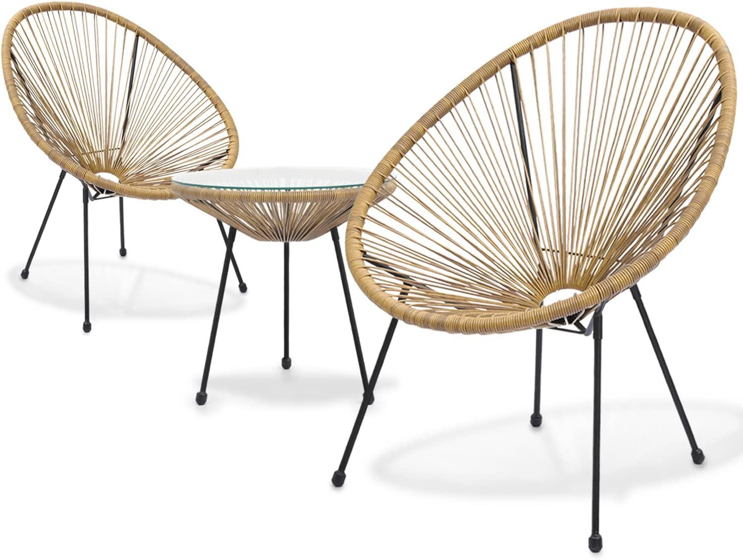 MoNiBloom 3 Pieces Outdoor Patio Furniture Rattan Wicker Table and Chairs Set, Conversation Bistro Set with Tempered Glass Tabletop for Porch Balcony Backyard Pool, Natural