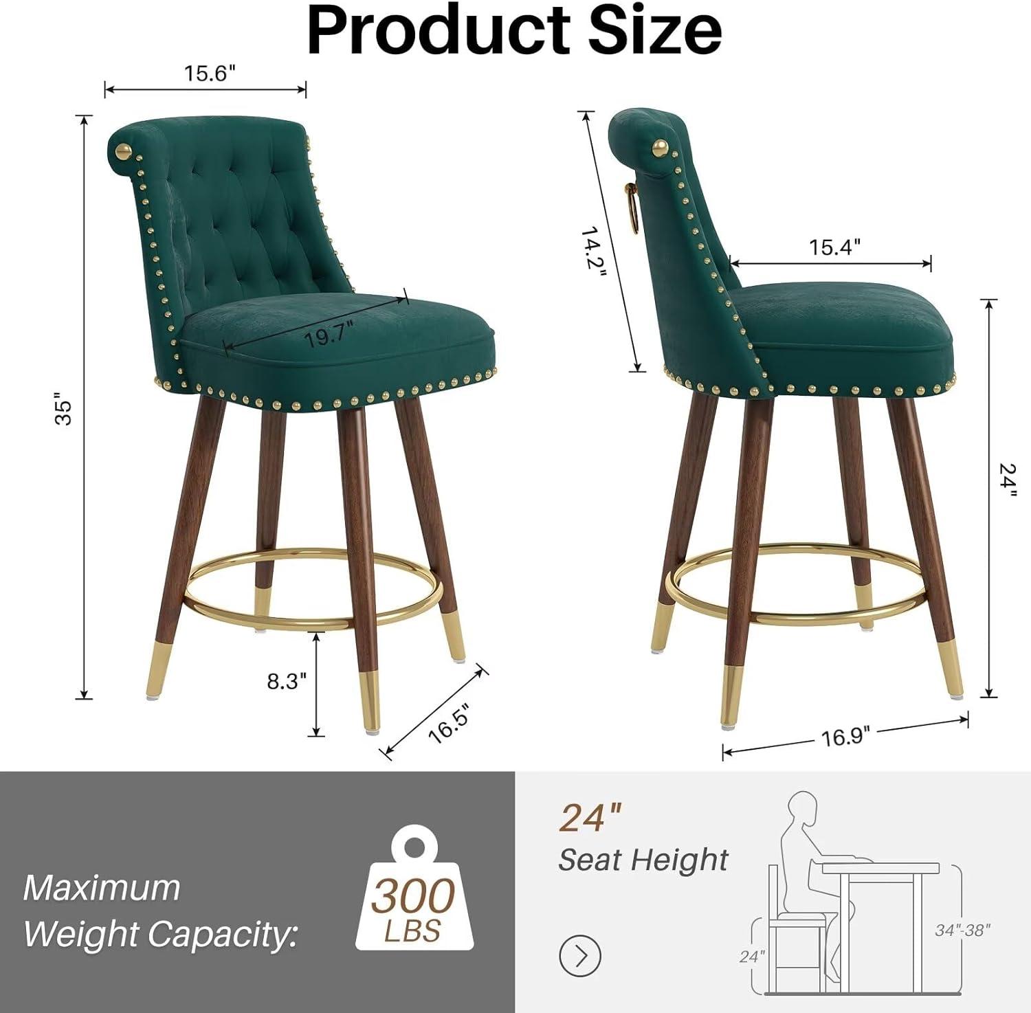 Ninecer 24" Swivel Counter Height Chairs, Elegant Modern Velvet Bar Stools with Solid Rubber Wood Legs, Green (Set of 2)