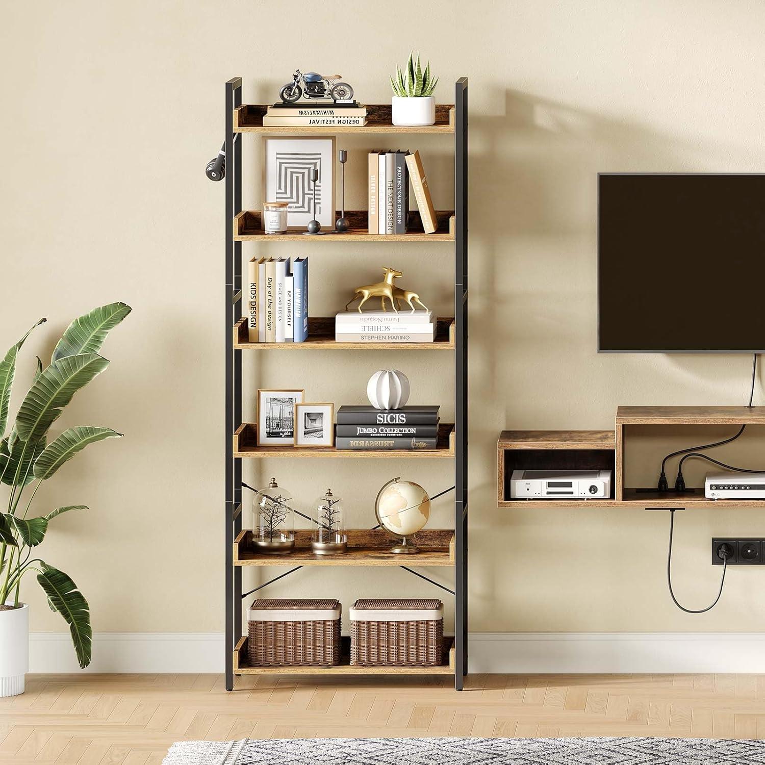Bookshelf 6 Tier with 4 Hooks  Industrial Bookcase  Vintage Storage Rack with Open Shelves  Rustic Standing Bookshelves Metal Frame Display Rack for Living Room  Bedroom  Rustic Brown