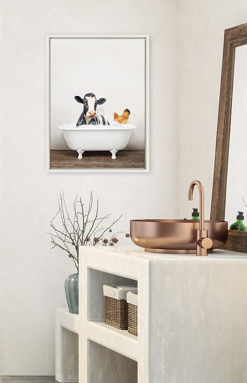 Kate and Laurel Sylvie Cow and Chicken in Rustic Bath Framed Canvas Wall Art by Amy Peterson Art Studio, 18x24 White, Modern Fun Decorative Bathtub Wall Art for Home Décor
