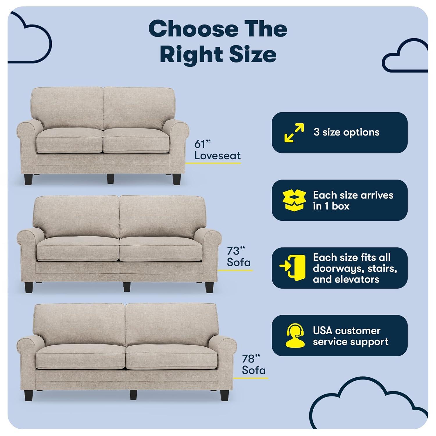 Serta Copenhagen 73" Rolled Arm Sofa, Easy Care Fabric, Soft Pillow Back, Pocket Coil Seat Cushions