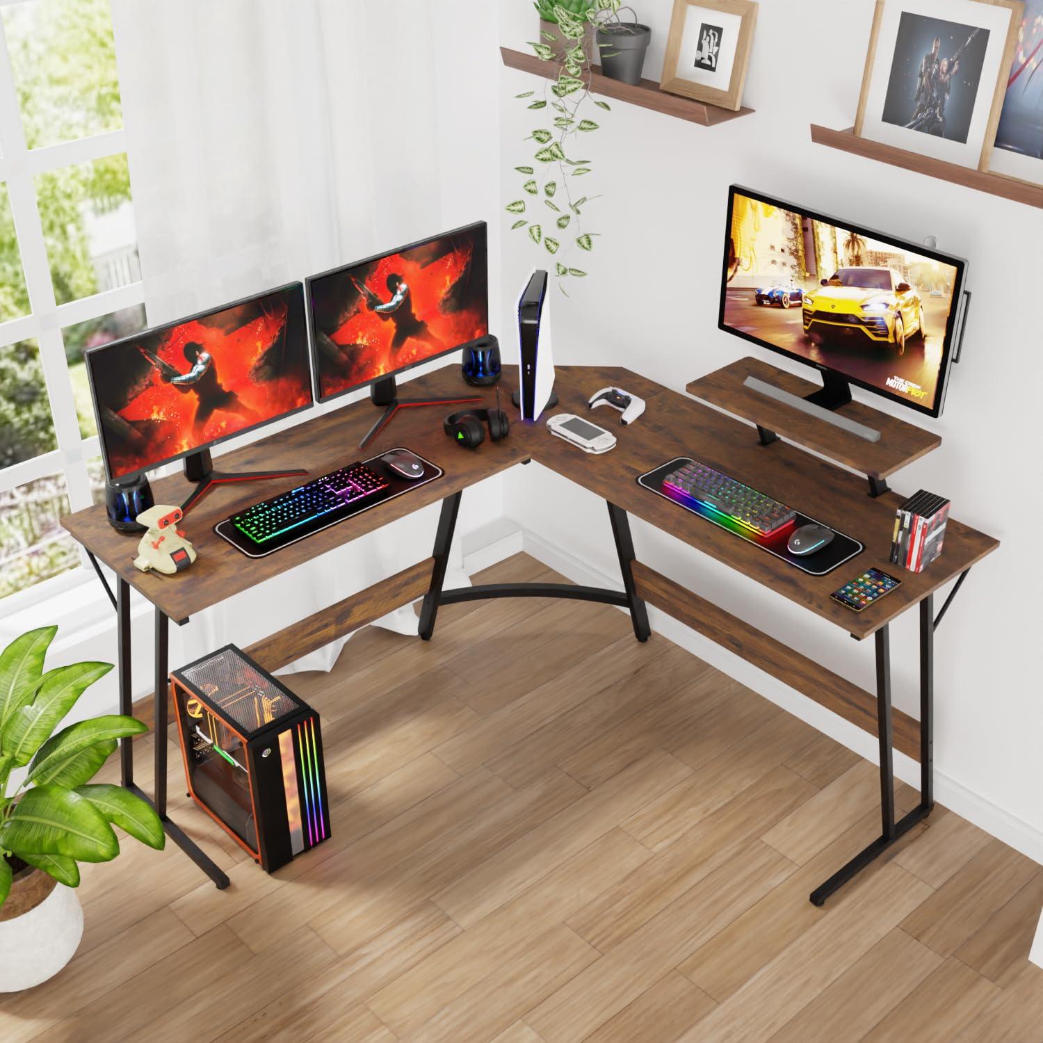 FDW L Shaped Desk Corner Gaming Desk Computer Desk with Large Desktop Studying and Working and Gaming for Home and Work Place,Brown