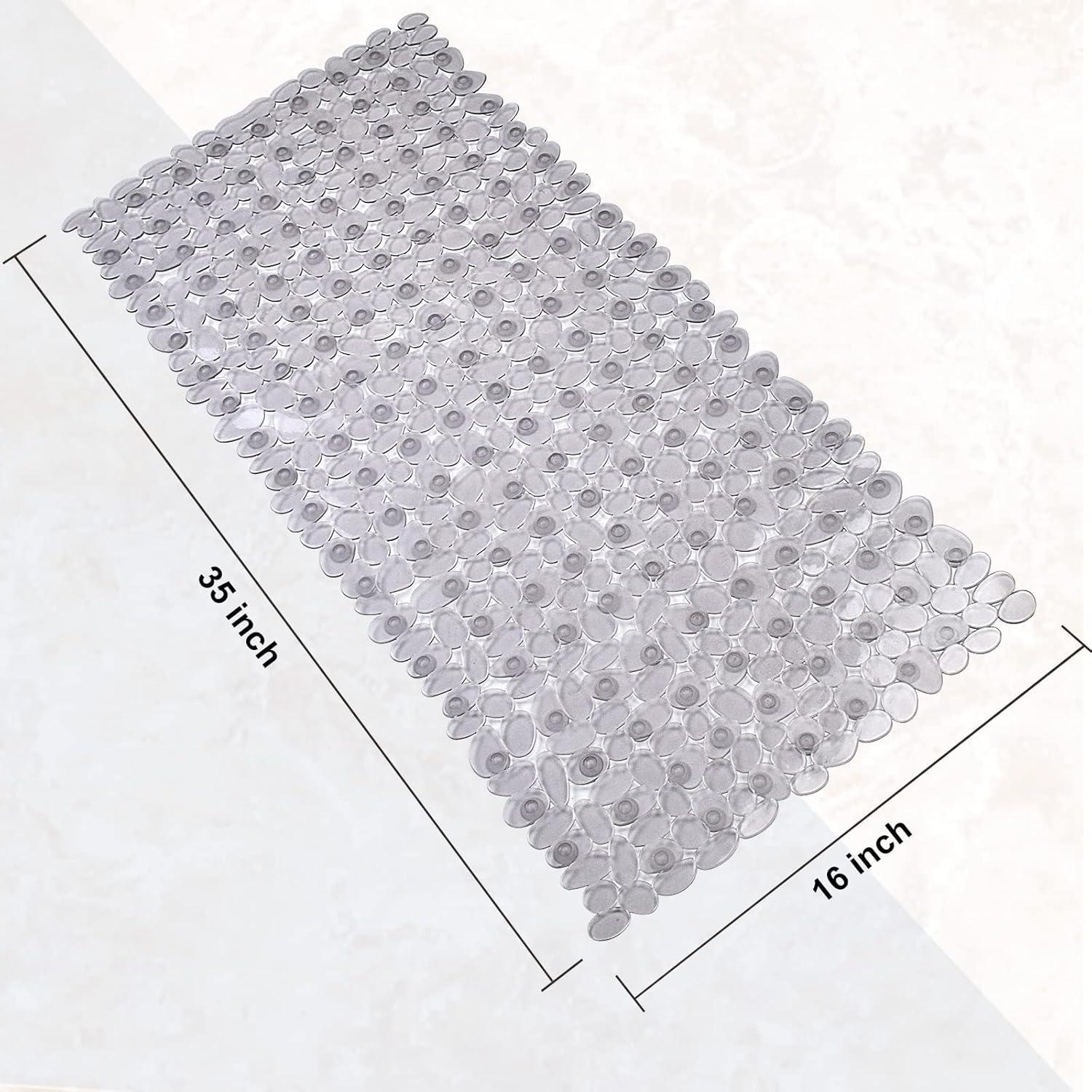 Gray PVC Pebble Bath Mat with Suction Cups and Drain Holes, 35x16 Inches