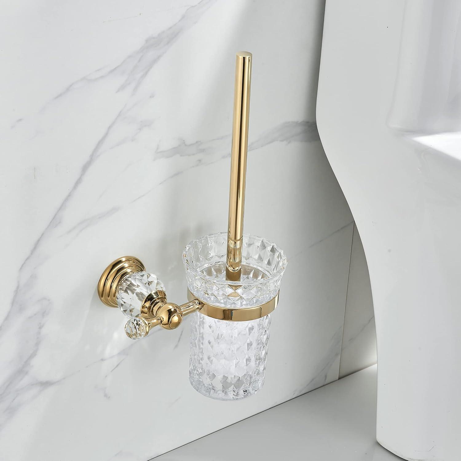 Crystal Wall-Mounted Toilet Brush Holder with Gold Handle