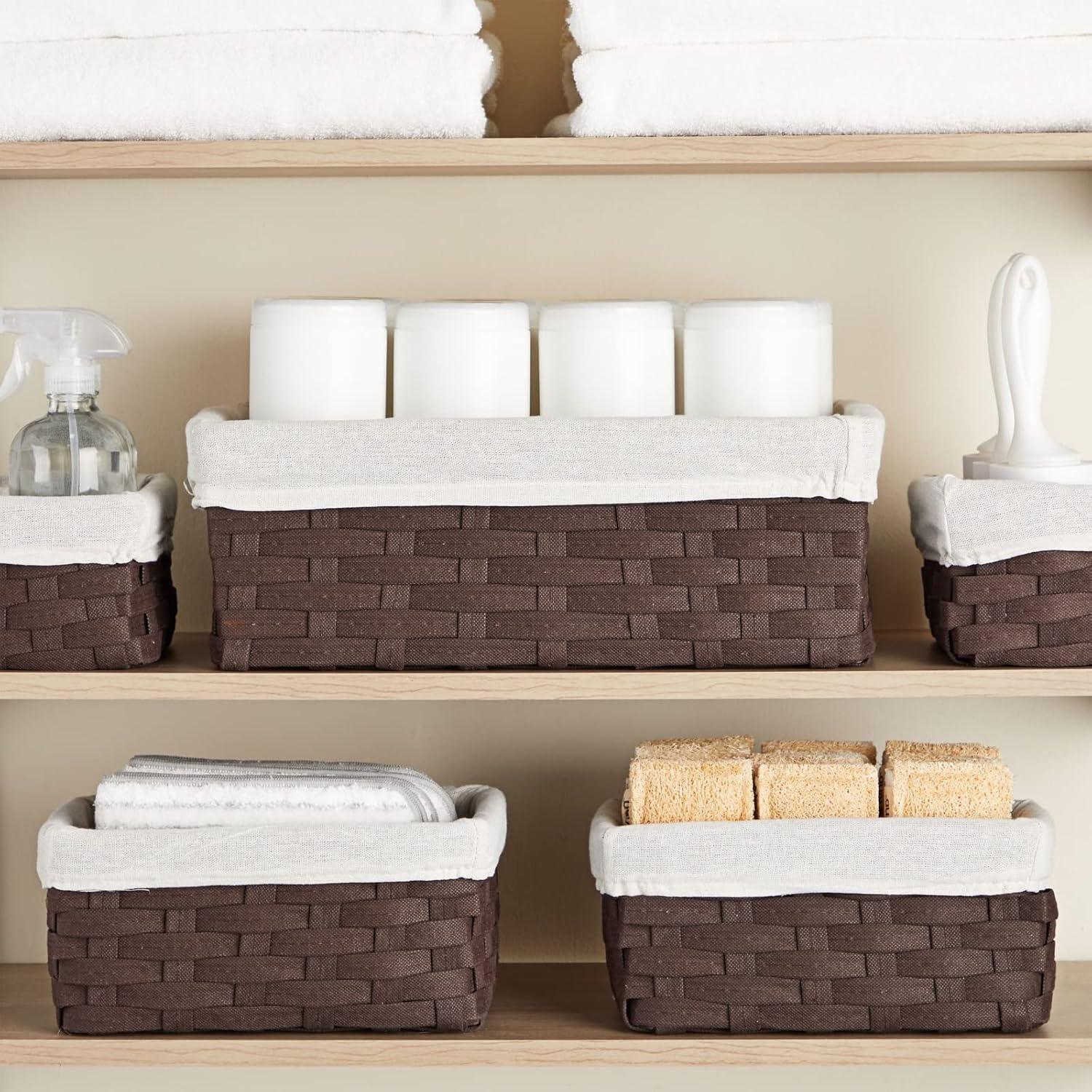 5 Pack Wicker Nesting Baskets with Cloth Lining for Pantry Shelves, Rectangular Storage Bins for Organizing Closet (Brown, 3 Sizes)