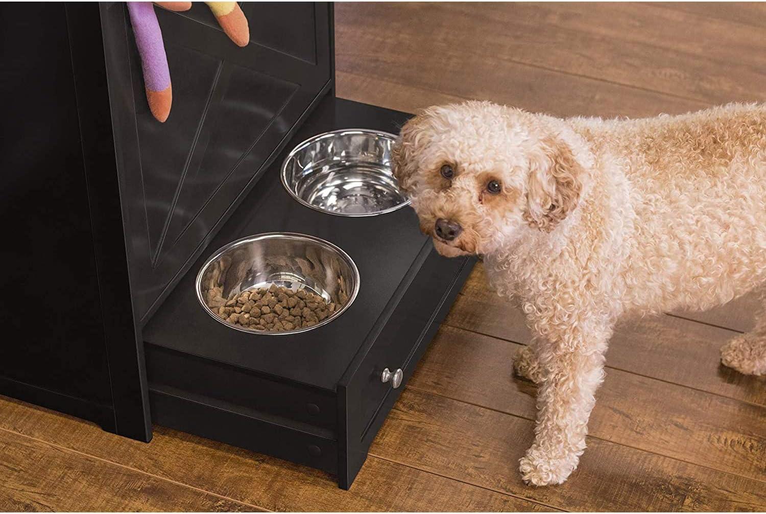 Elevated Black Stainless Steel Pet Feeder with Storage