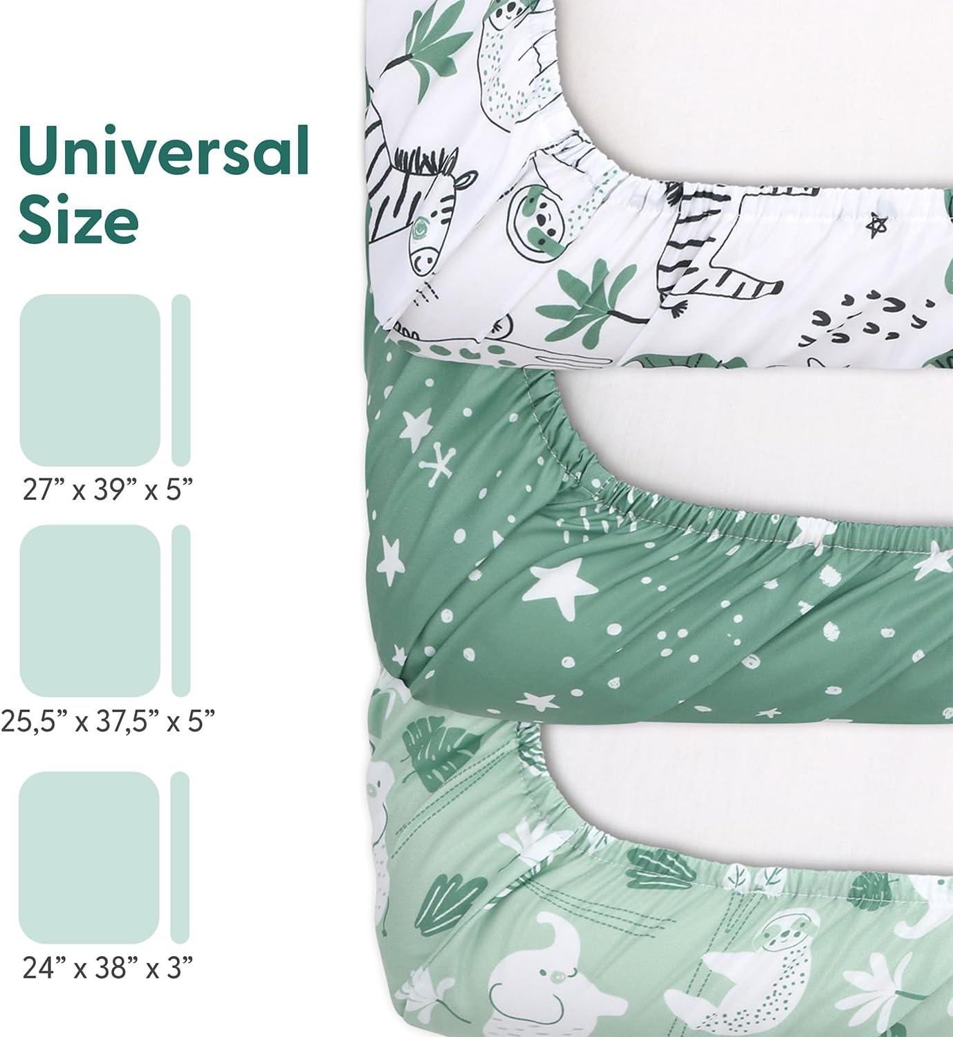 The Peanutshell Mini Crib Sheet Set - 3 Pack - Multiuse for Pack & Play, Playard, Playpen, Mini Crib - Green Safari Animals