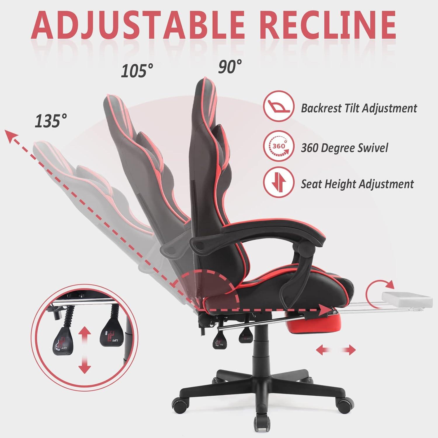SOONTRANS Gaming Chair Massage Office Chair with Footrest, Ergonomic Swivel Gamer Chair with Lumbar Pillow & Headrest, Red