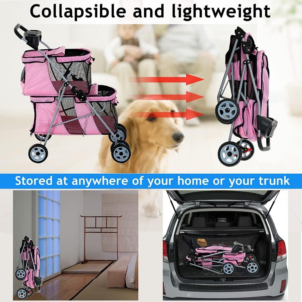 FDW 4 Wheel Pet Stroller Folding Dog Cat Stroller for Small and Medium Pets with Storage Basket Double Decker & Mesh Windows