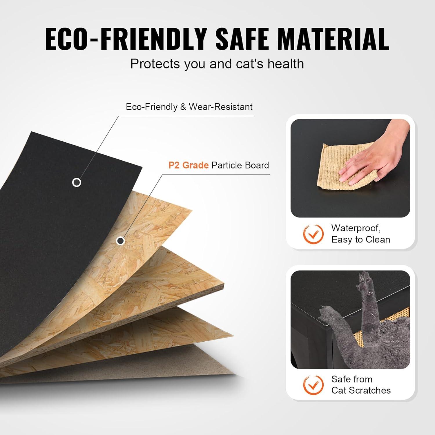 VEVOR Cat Litter Box Enclosure for 2 Cats, Litter Box Furniture Hidden with Rattan Decorated Doors, Wooden Cat Box Cabinet, Black