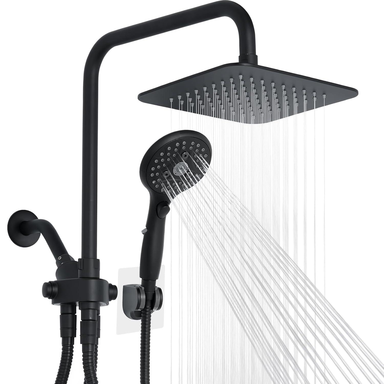 8" Dual Shower Head Combo, Rainfall Shower Head with Handheld, 6 Spray Settings Angle Adjustable Handheld Shower Head with Pause, Height Adjustable, Matte Black