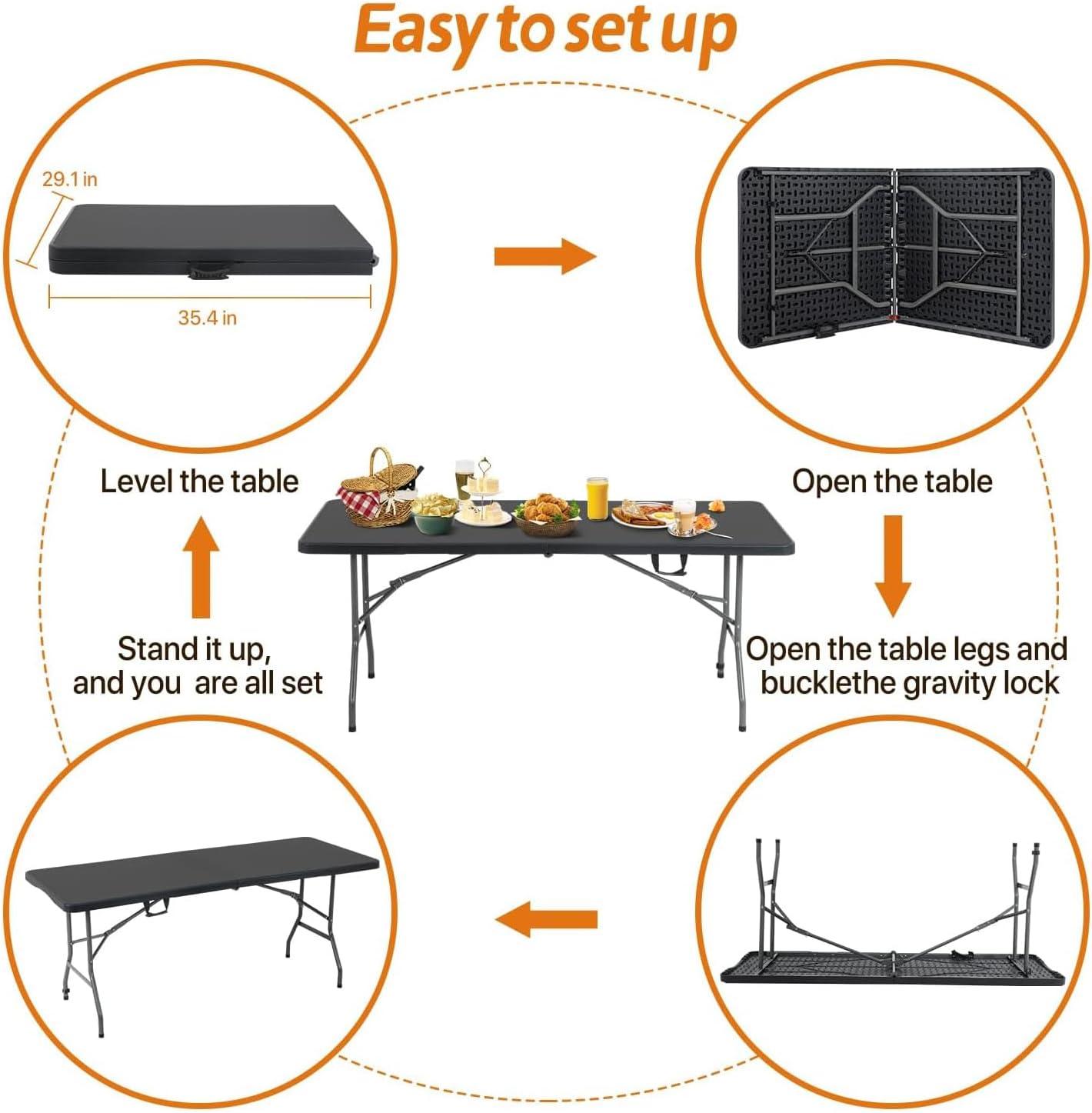 Folding Table 6 Foot,  Heavy-Duty, Portable Plastic Construction with Carrying Handle – Perfect for Picnics, Parties, and Office Indoor Outdoor Use, White