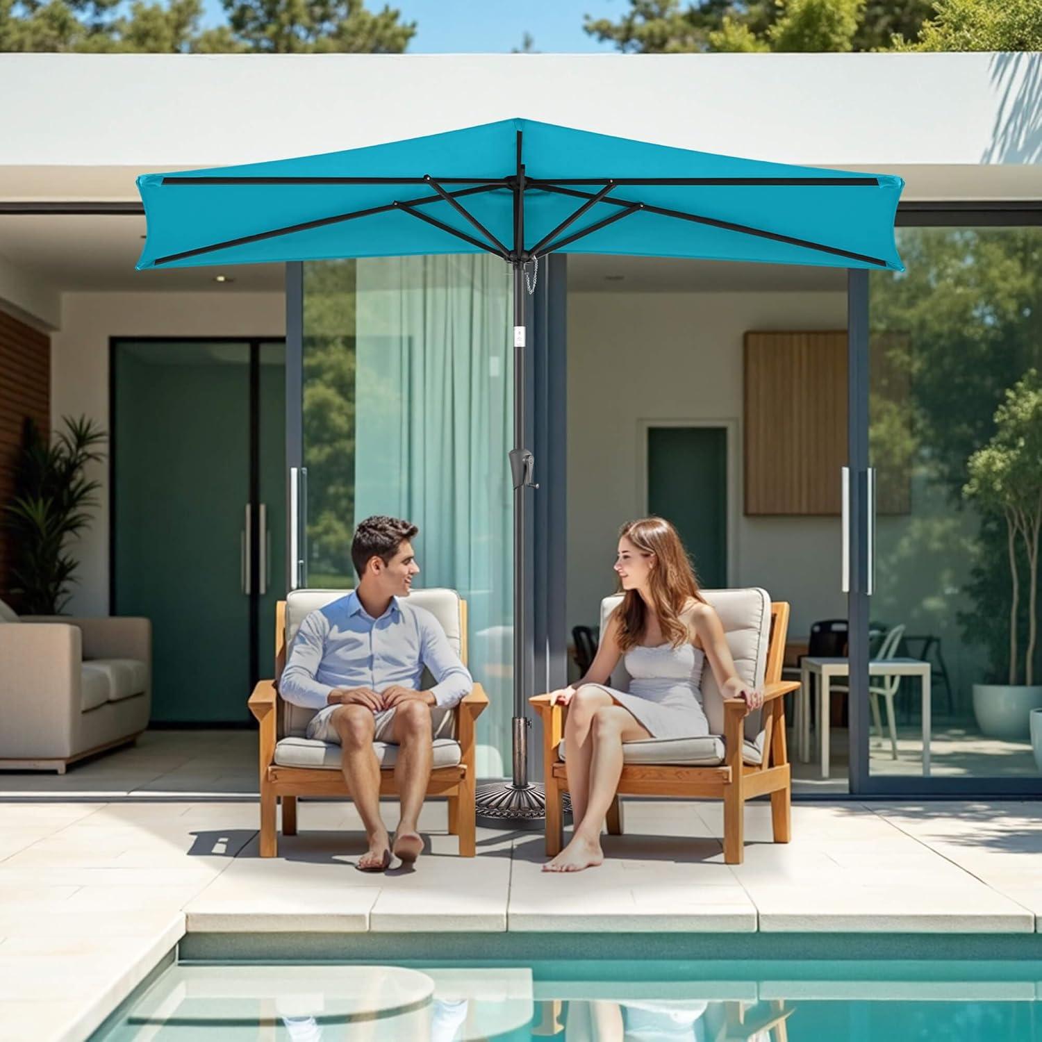 FLAME&SHADE 9 ft Half Round Solar Powered Outdoor Market Patio Table Umbrella for Wall Balcony with LED Lights and Tilt, Aqua Blue