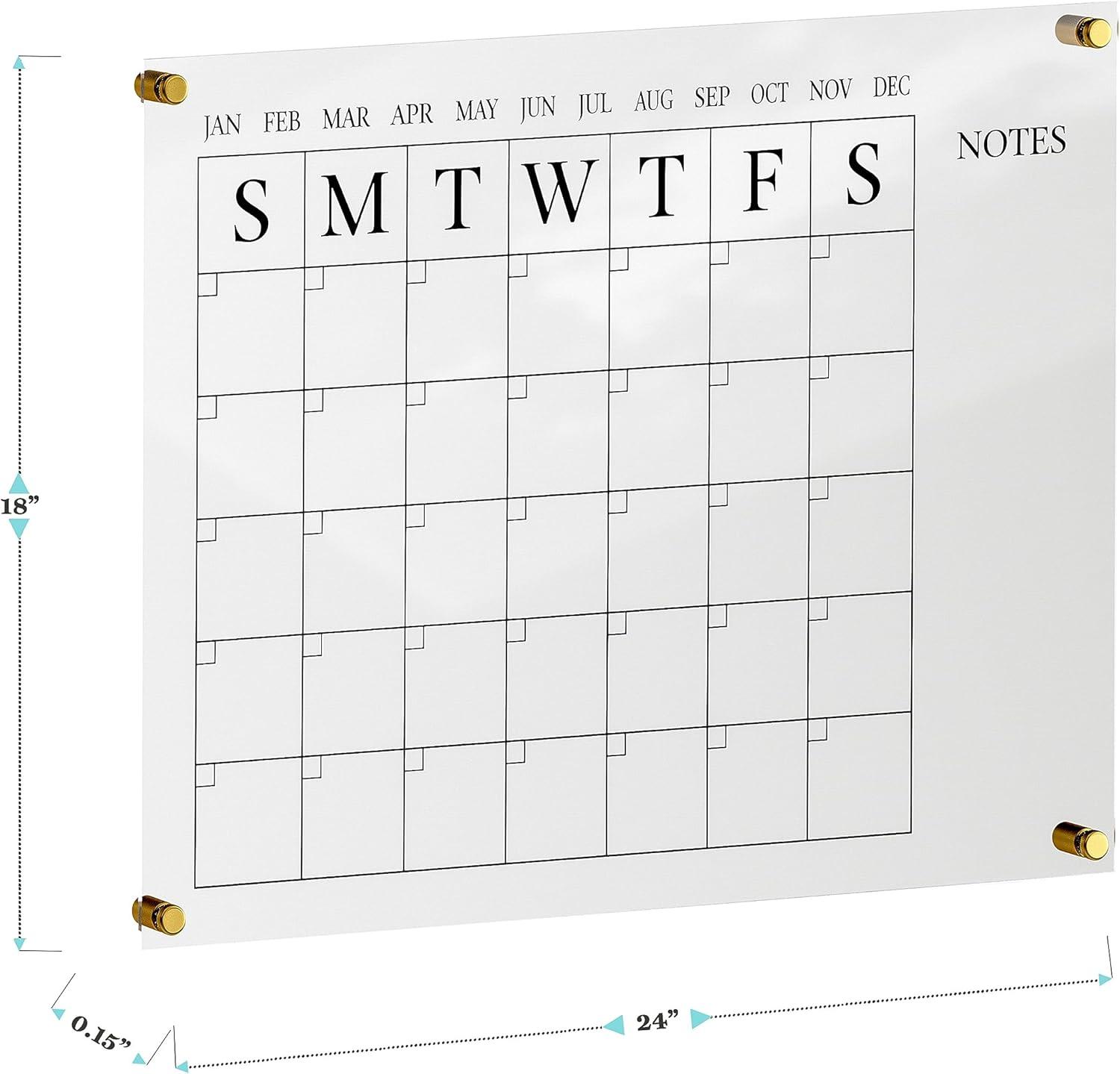 Martha Stewart Grayson Acrylic Wall Calendar with Notes with Dry Erase Marker and Mounting Hardware, 24" x 18", w/Black Print