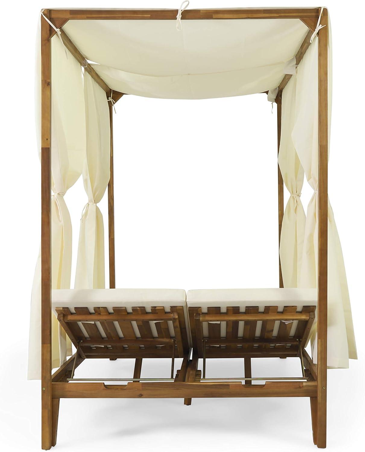 Kinzie Outdoor 2 Seater Acacia Wood Daybed with Adjustable Chaise & Water-Resistant Curtains - Christopher Knight Home