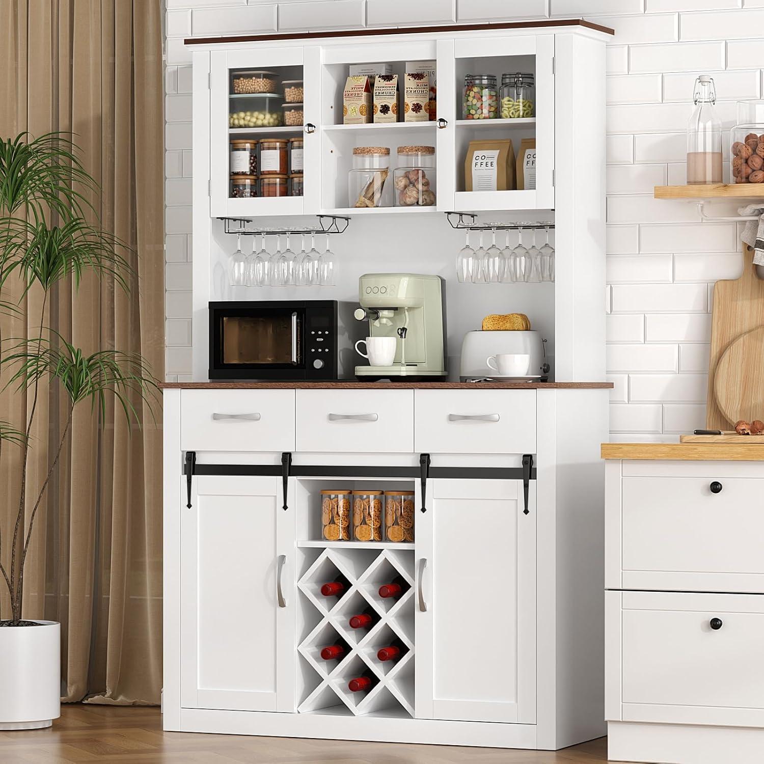 White 72" Farmhouse Bar Cabinet with Sliding Barn Doors