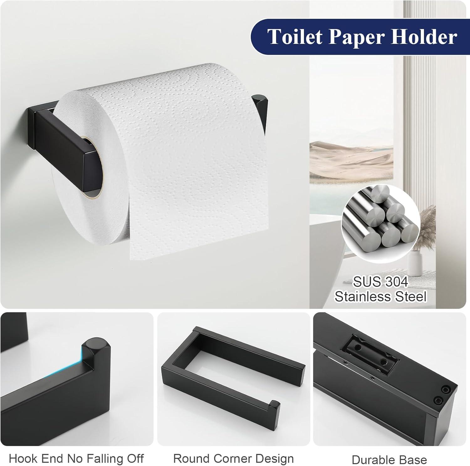 3 Pieces Matte Black Bathroom Hardware Accessories Set,SUS304 Stainless Steel Towel Holder Set Towel Holder Robe Hook Toilet Paper Holder Wall Mounted