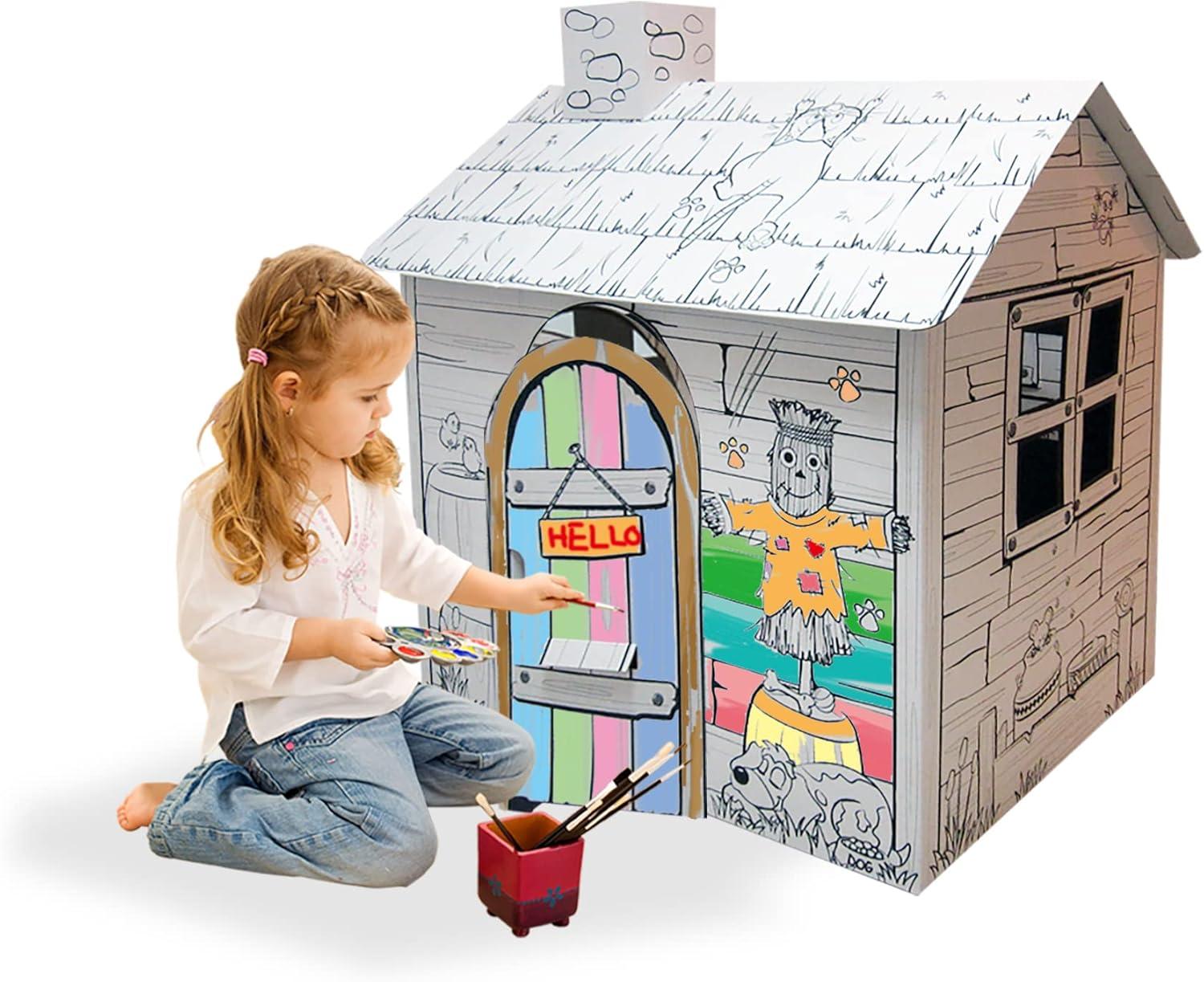 Adventure Awaits Kids Cardboard Farm Playhouse with Chimney