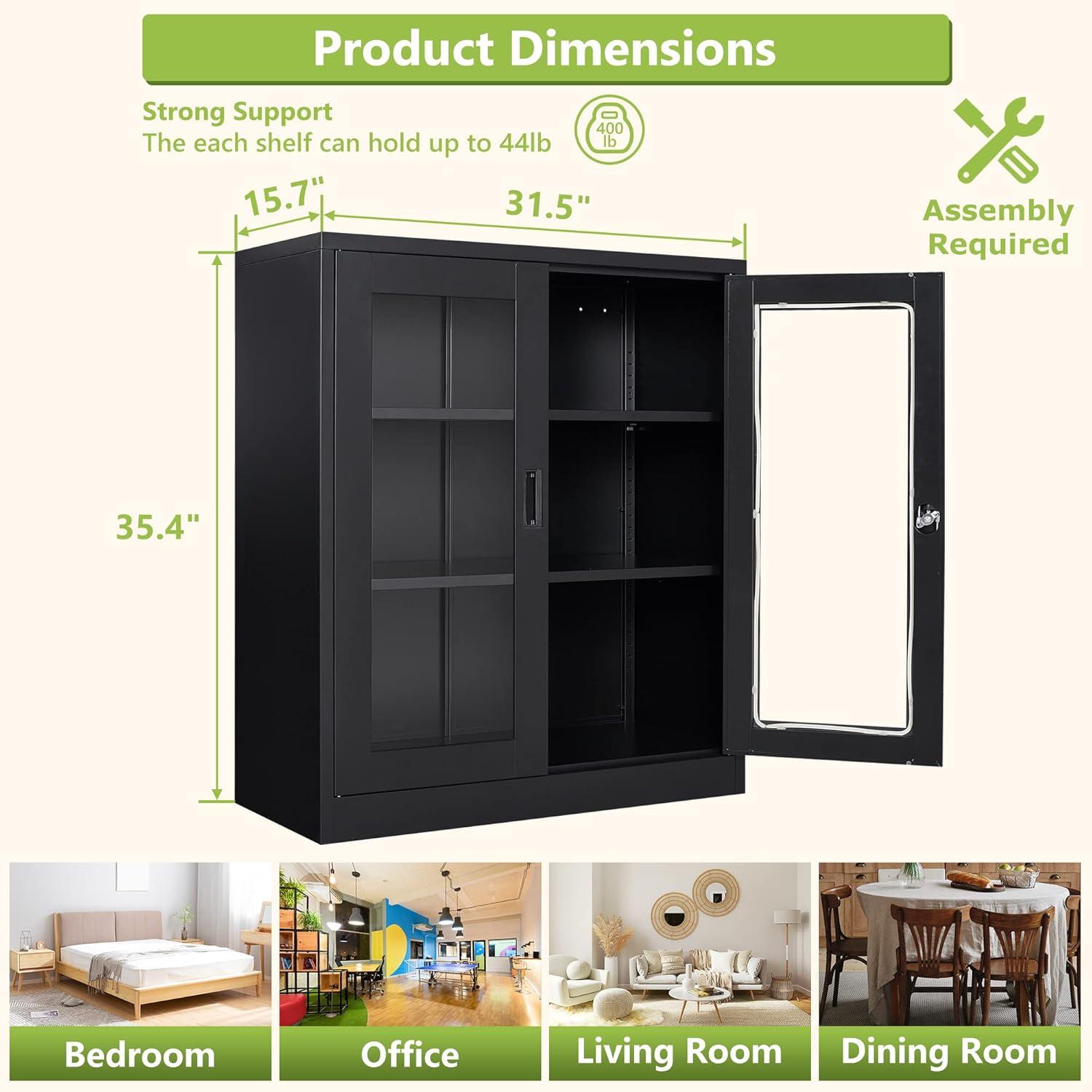 Drevy Metal Storage Cabinet with Doors and Shelves,Glass Cabinet Display Cabinet with Glass Doors,Office Cabinet with Storage Shelves and Double Doors, for Garage and Utility Room, Home Office