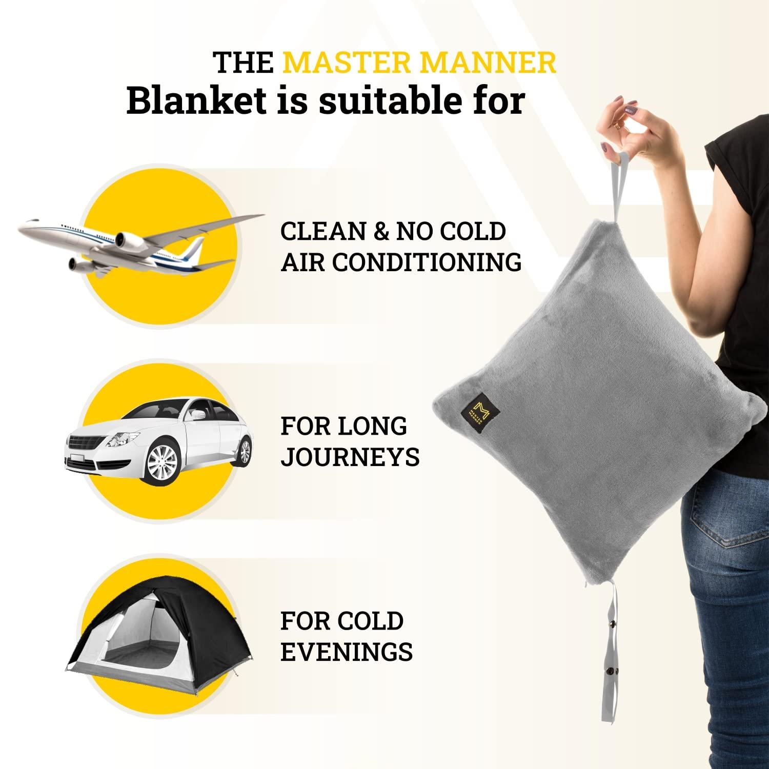 Travel Blanket Airplane Compact with Hoodie – 2in1 Airplane Travel Accessories from Plane Blanket to Travel Pillow with Luggage Strap, Soft Handle & Secure Pocket
