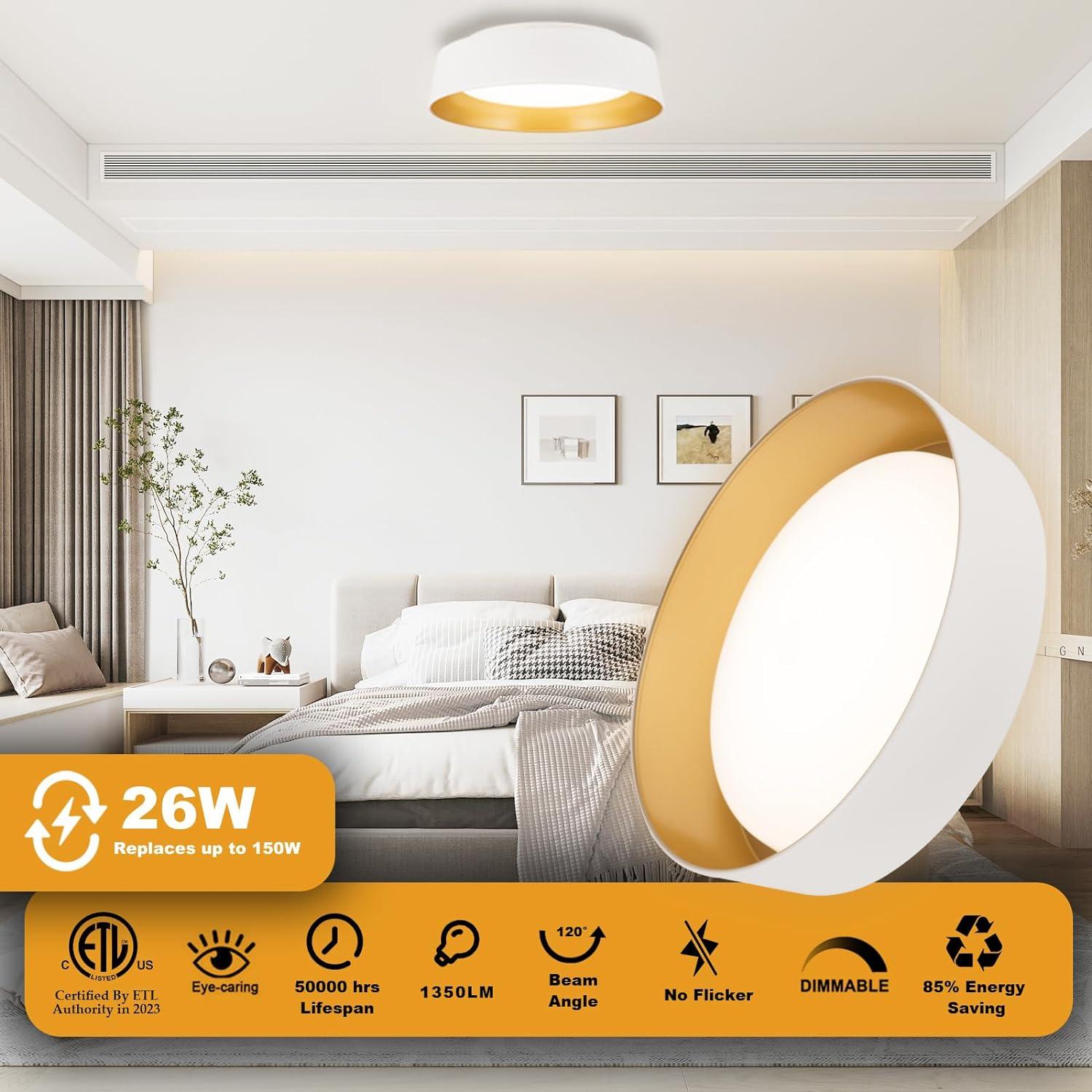 12.5 Inch LED Flush Mount Ceiling Light Fixture, 26W, Super Bright 1350 Lumen, 3 Color 3000K/4000K/5000K, Matt White with Gold Inside, Dimmable Ceiling Lamp for Bedroom Hallway Bathroom Outdoor
