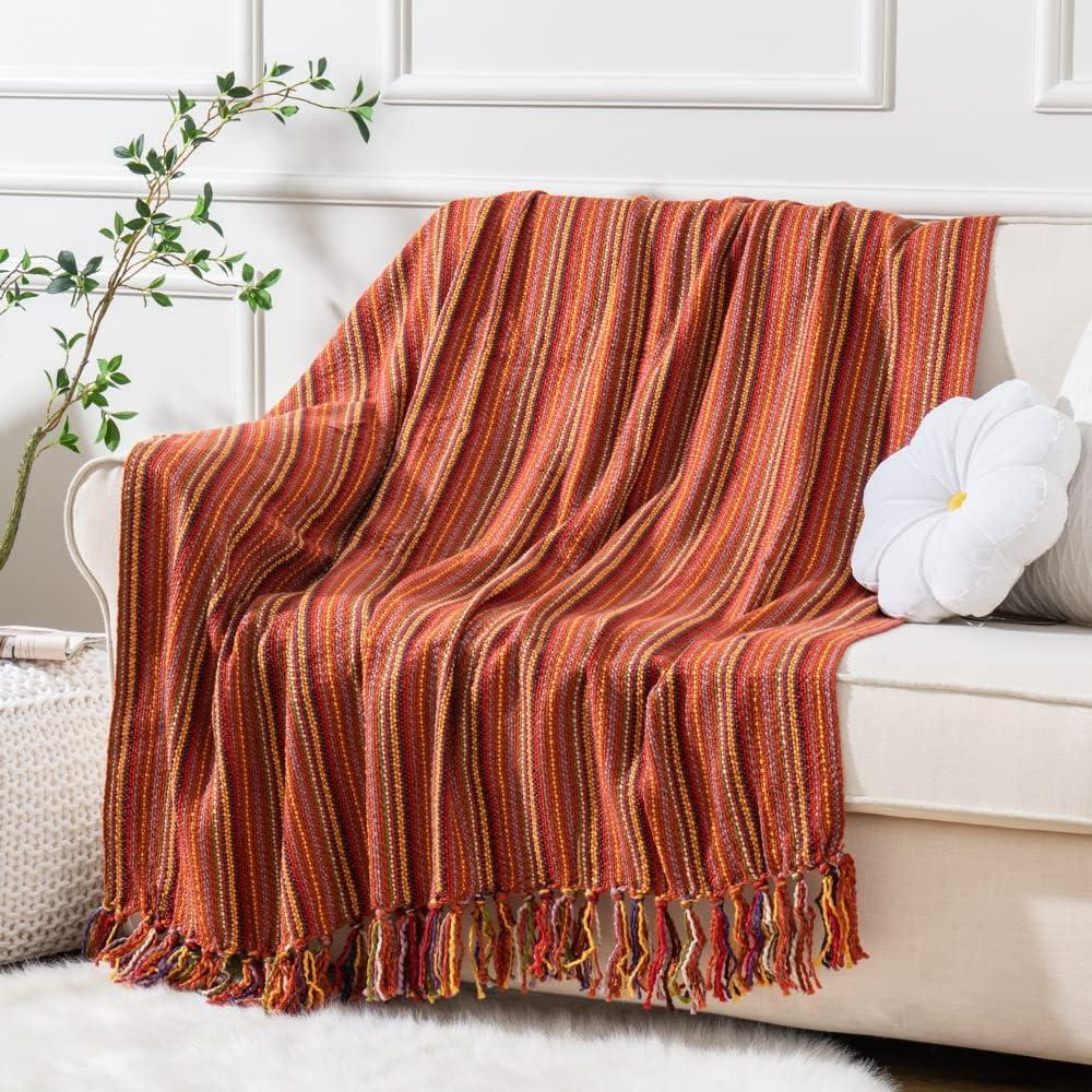 Brick Red Knitted Acrylic Throw Blanket with Fringes, 50"x60"