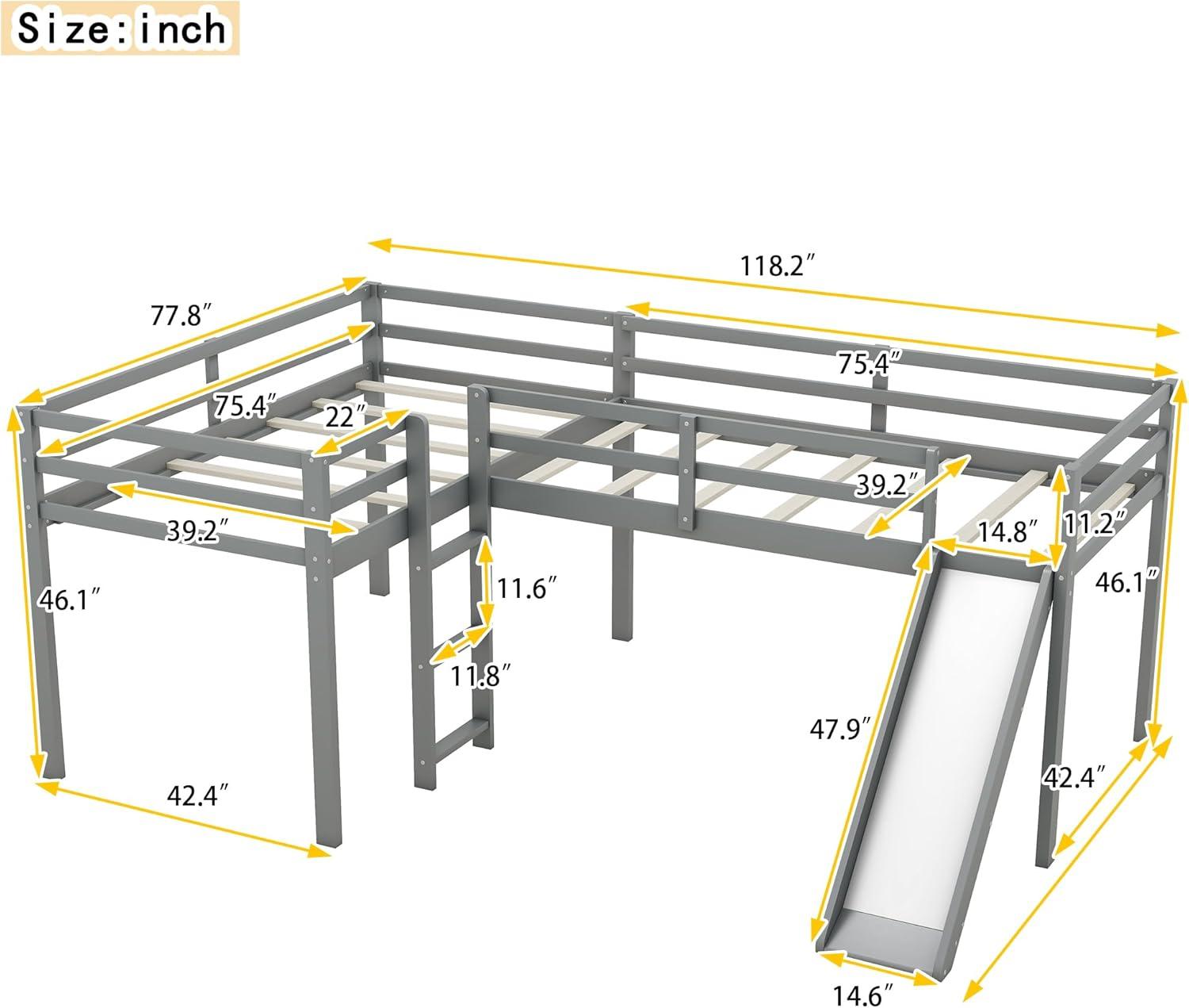 Harper & Bright Designs L-Shaped Loft Bed with Slide, Wooden Low Loft Beds for 2 Kids, Twin Size Low Loft Bed with Built-in Ladders, Gray