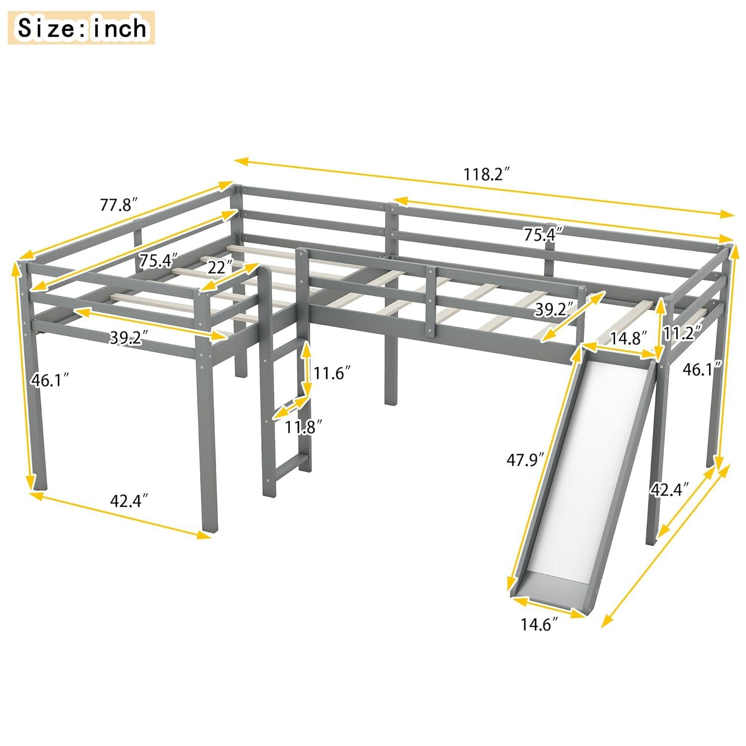 Harper & Bright Designs L-Shaped Loft Bed with Slide, Wooden Low Loft Beds for 2 Kids, Twin Size Low Loft Bed with Built-in Ladders, Gray