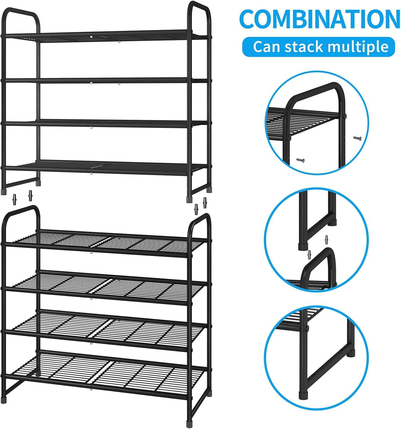 4-Tier Shoes Rack Shelf for Closet Metal Stackable Shoe Organizer, Expandable & AdjustableWire Grid, Black