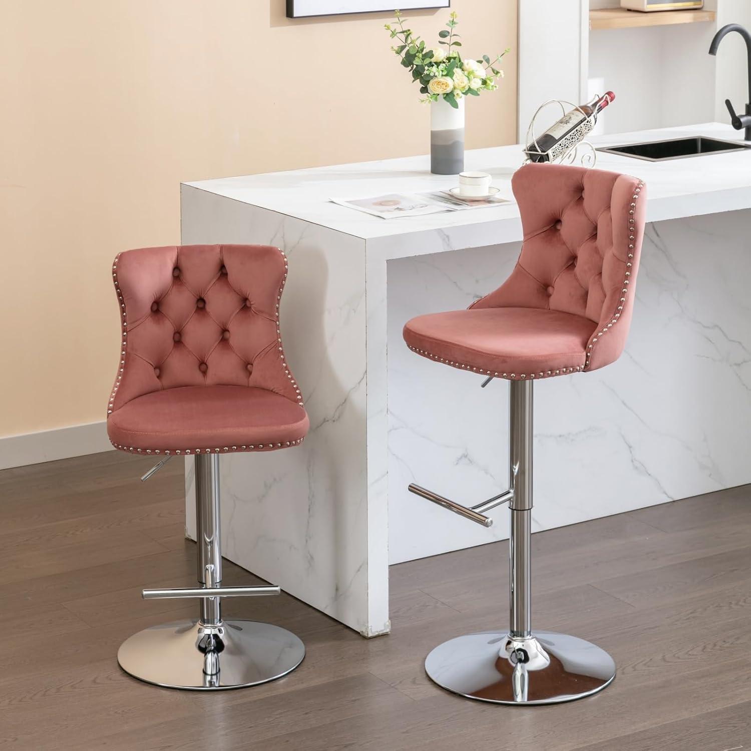 Swivel Bar Stools Set of 2, Adjustable Counter Height Barstools with Wing Back, Nailheads Trim and Silver Footrest, Velvet Button Tufted Upholstered Bar Chairs for Dining Room Kitchen Island, Pink