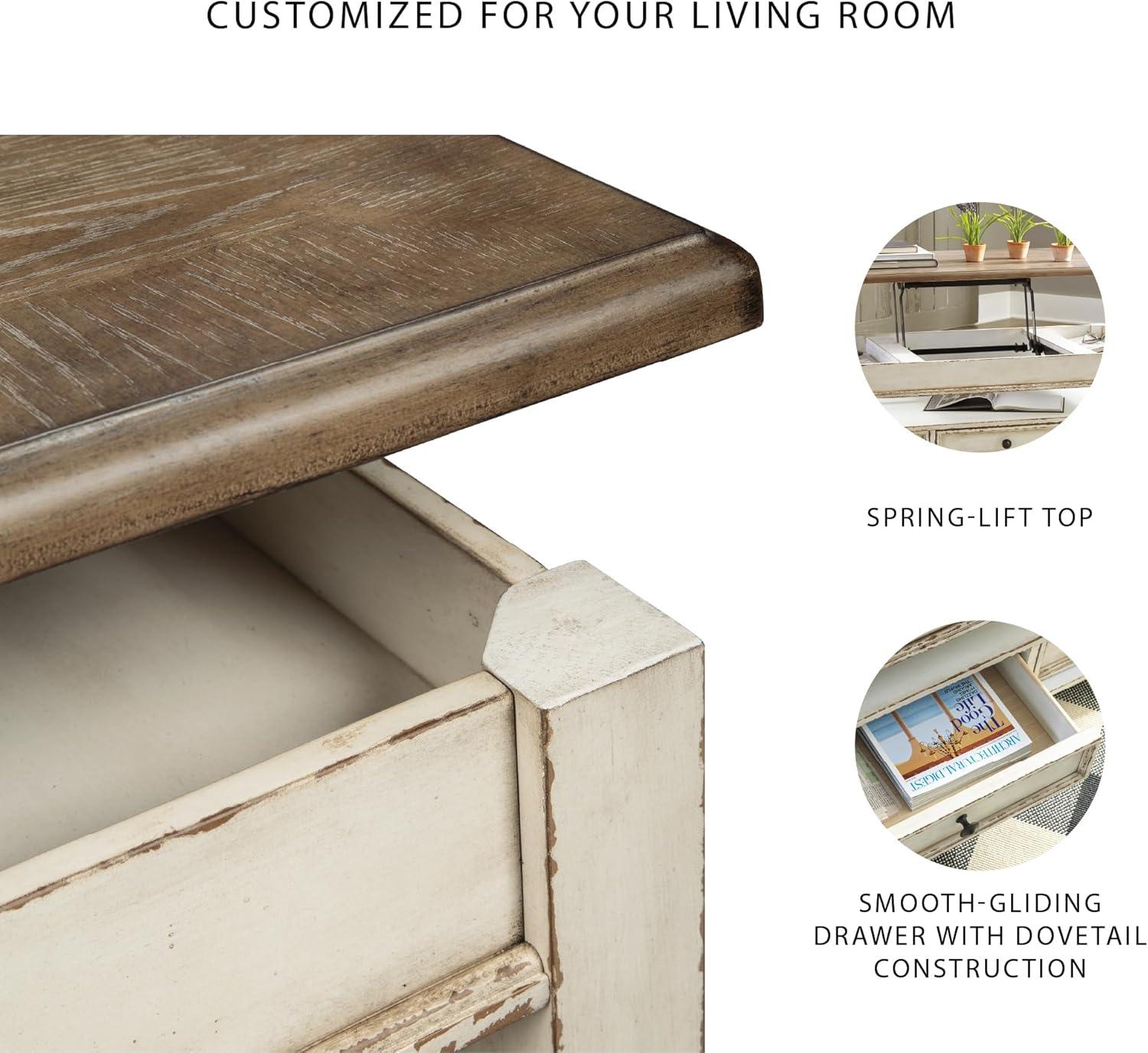 Realyn Coffee Table with Lift Top White/Brown - Signature Design by Ashley: Mid-Century Style, Storage, Wood Legs