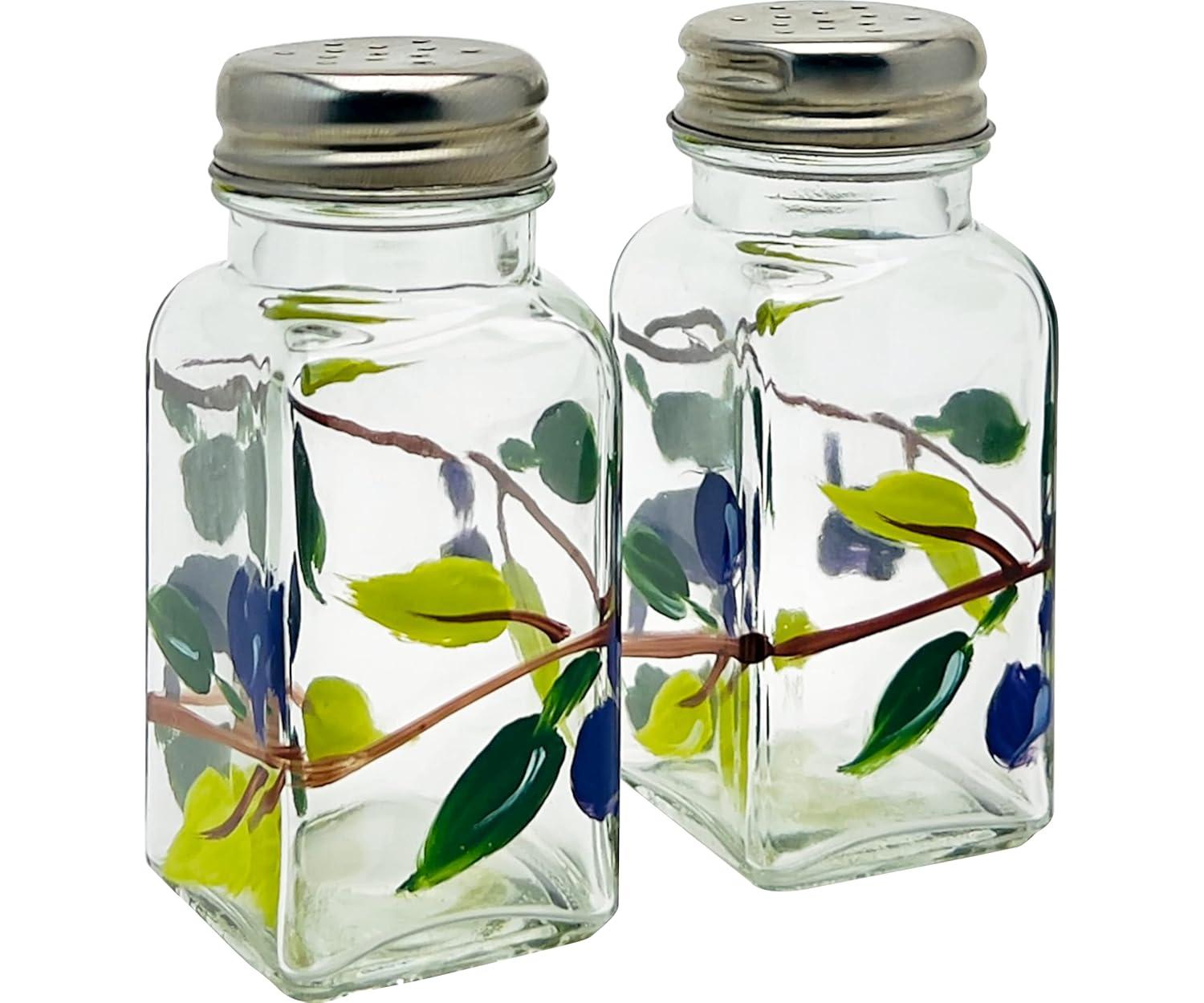 Hand Painted Glass Olive Branch Salt and Pepper Shakers Set