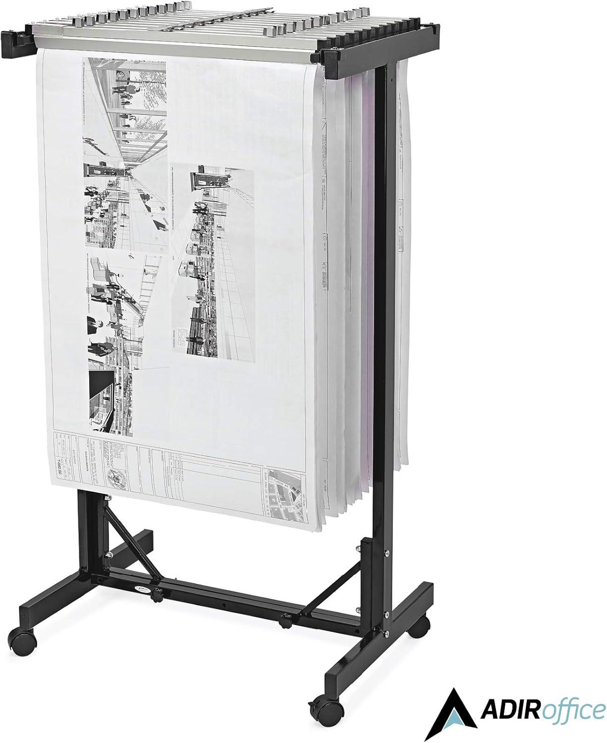 Adjustable Black Steel Mobile Blueprint Storage Rack with Wheels