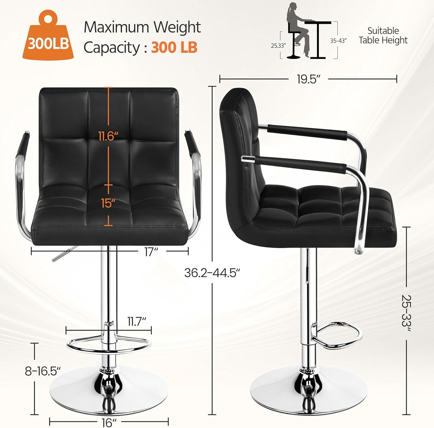 Costway Set of 2 Bar Stools PU Leather Adjustable Barstool Swivel Pub Chairs Black Full Back