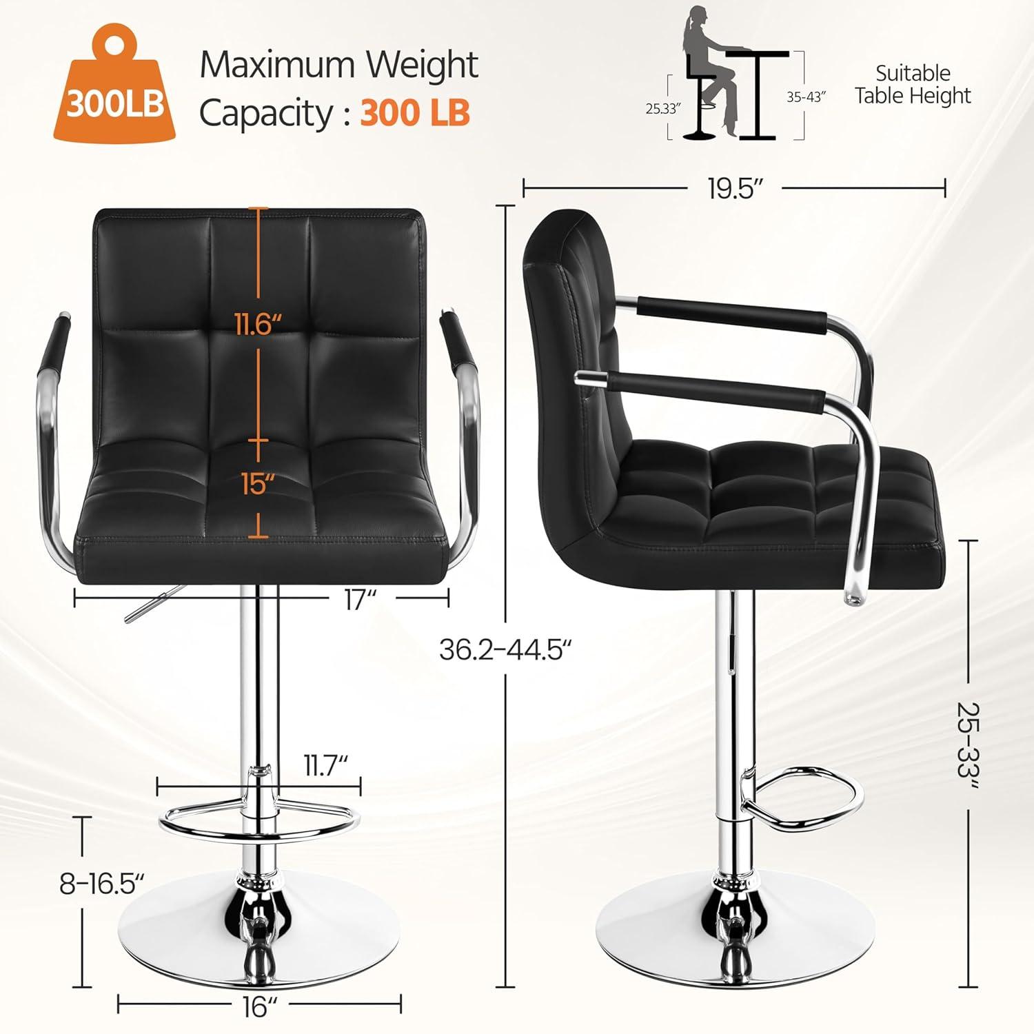 Costway Set of 2 Bar Stools PU Leather Adjustable Barstool Swivel Pub Chairs Black Full Back
