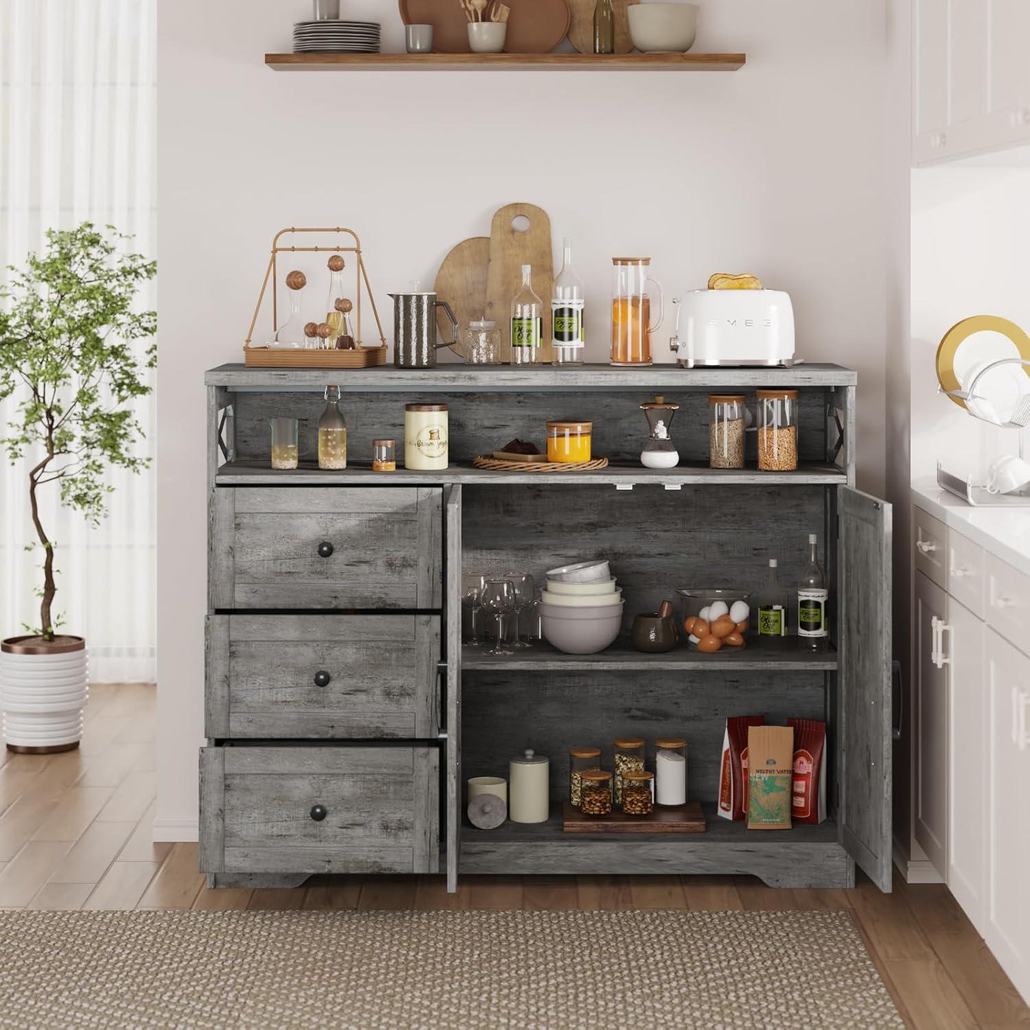 47" Distressed Grey Farmhouse Storage Cabinet with Doors & Drawers, Sideboard Buffet Cabinet with Storage, Kitchen Pantry Hutch, Coffee Bar Station Table for Kitchen, Living Room, Dining Room