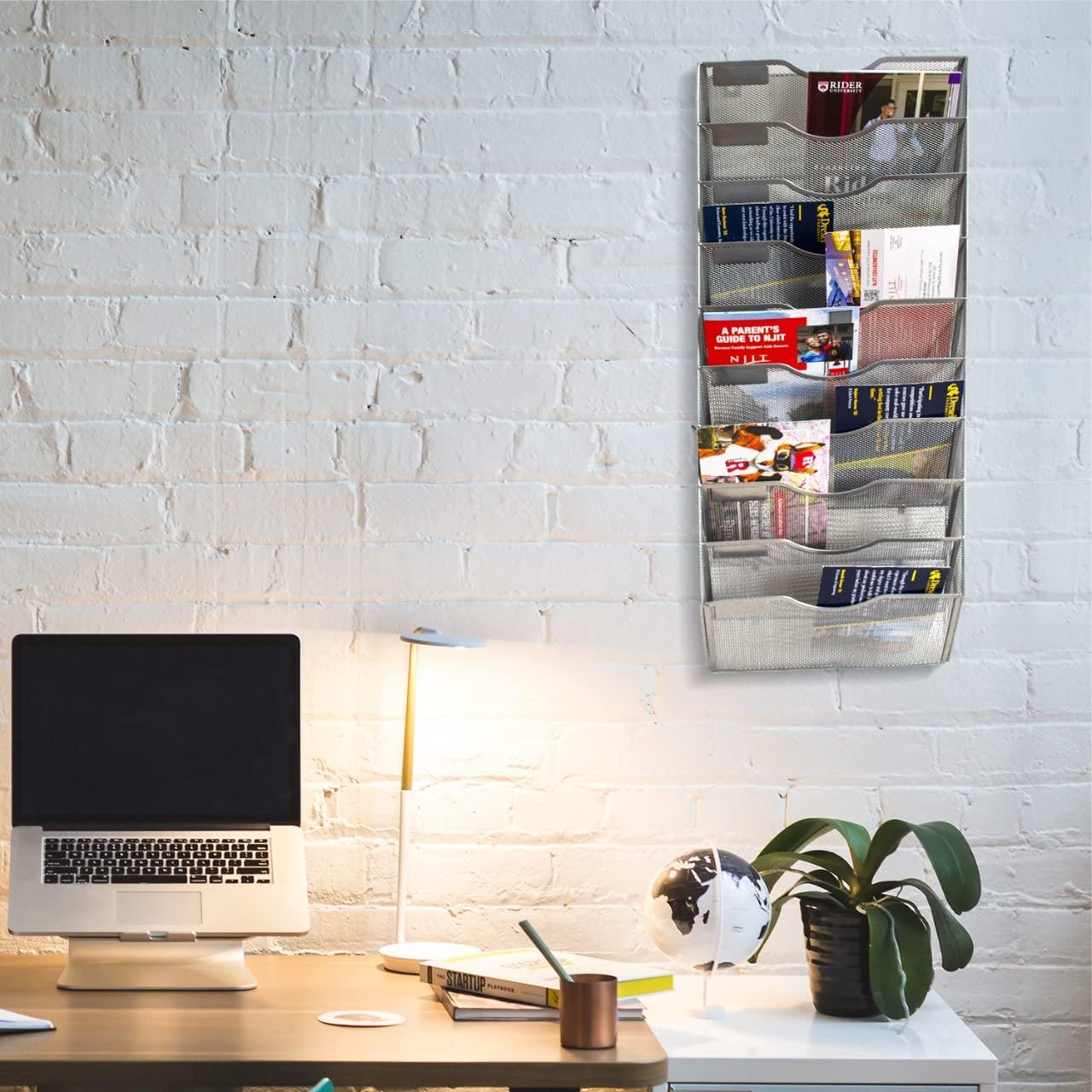 10 Sections Hanging Files Wall Mounted Metal Mesh Document File Organizer Magazine Holder Rack Organizer Multipurpose Use To Display Files, Magazine, Newspapers- Gray
