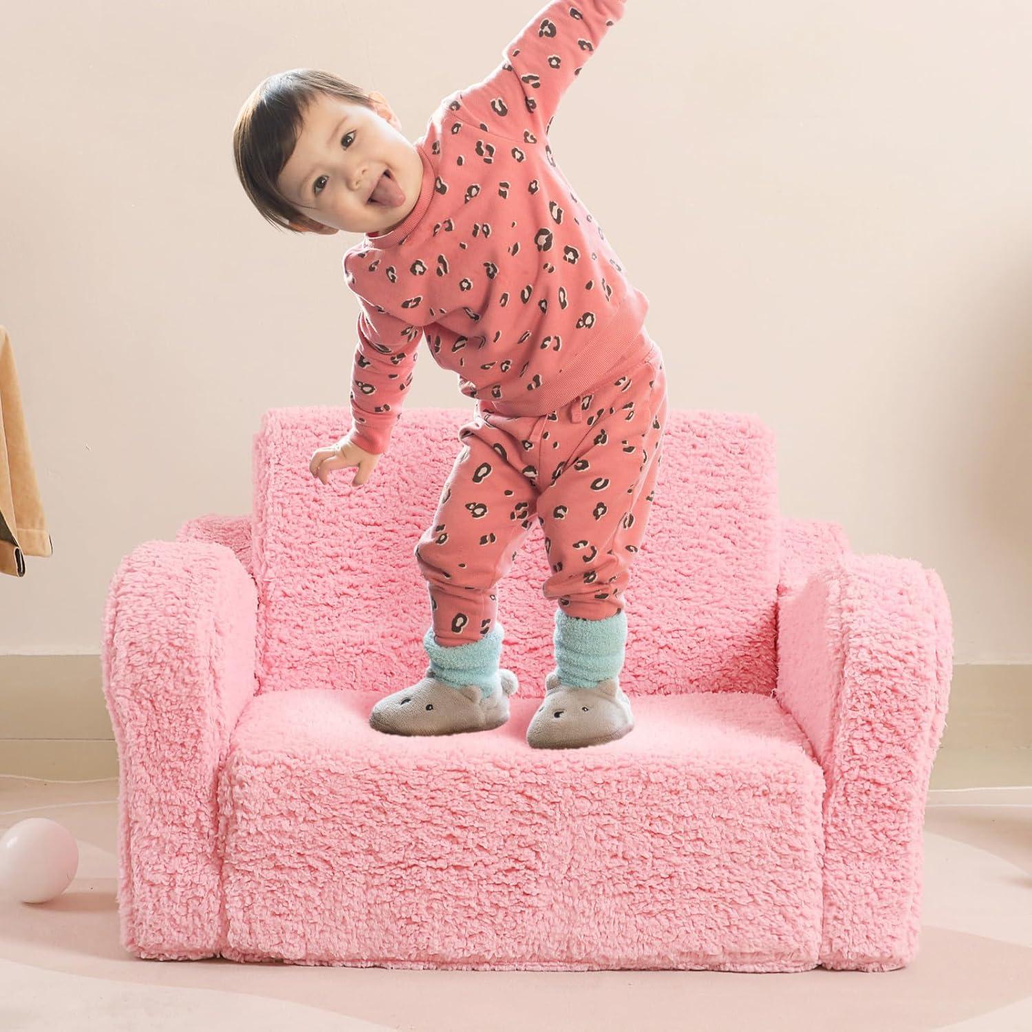 Pink Sherpa 2-in-1 Kids Folding Couch and Lounger