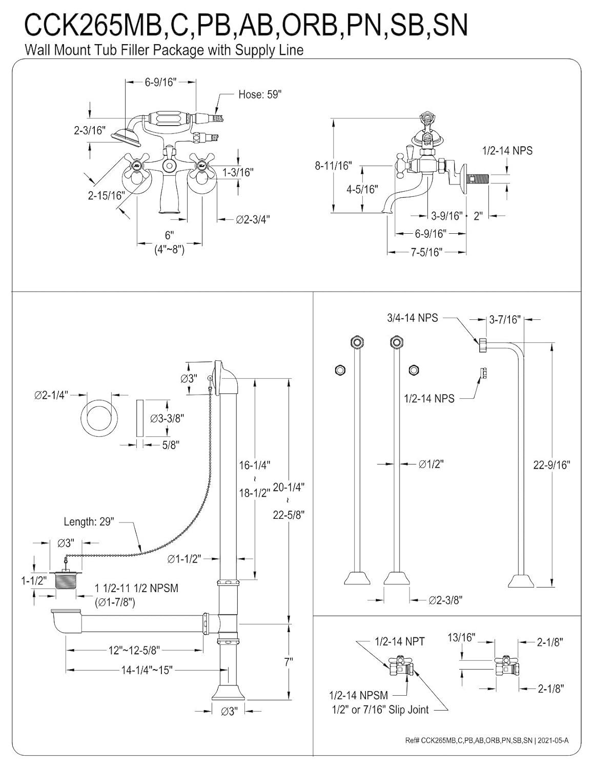 Kingston Brass Vintage Two-Handle 2-Hole Tub Wall Mount Clawfoot Tub Faucet Package with Supply Line, Hand Shower and Tub Drain