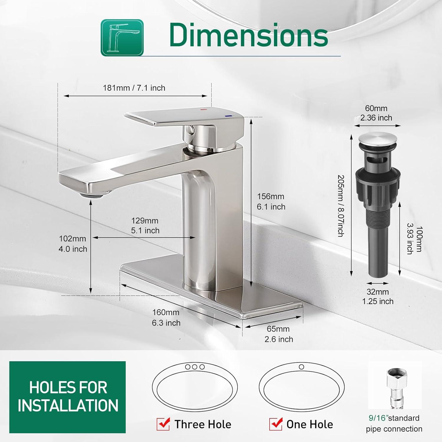VOTON Brass Bathroom Faucet, Brushed Nickel Finish, Single Handle, 1 or 3 Hole Installation, Pop-up Drain, Flexible Hoses