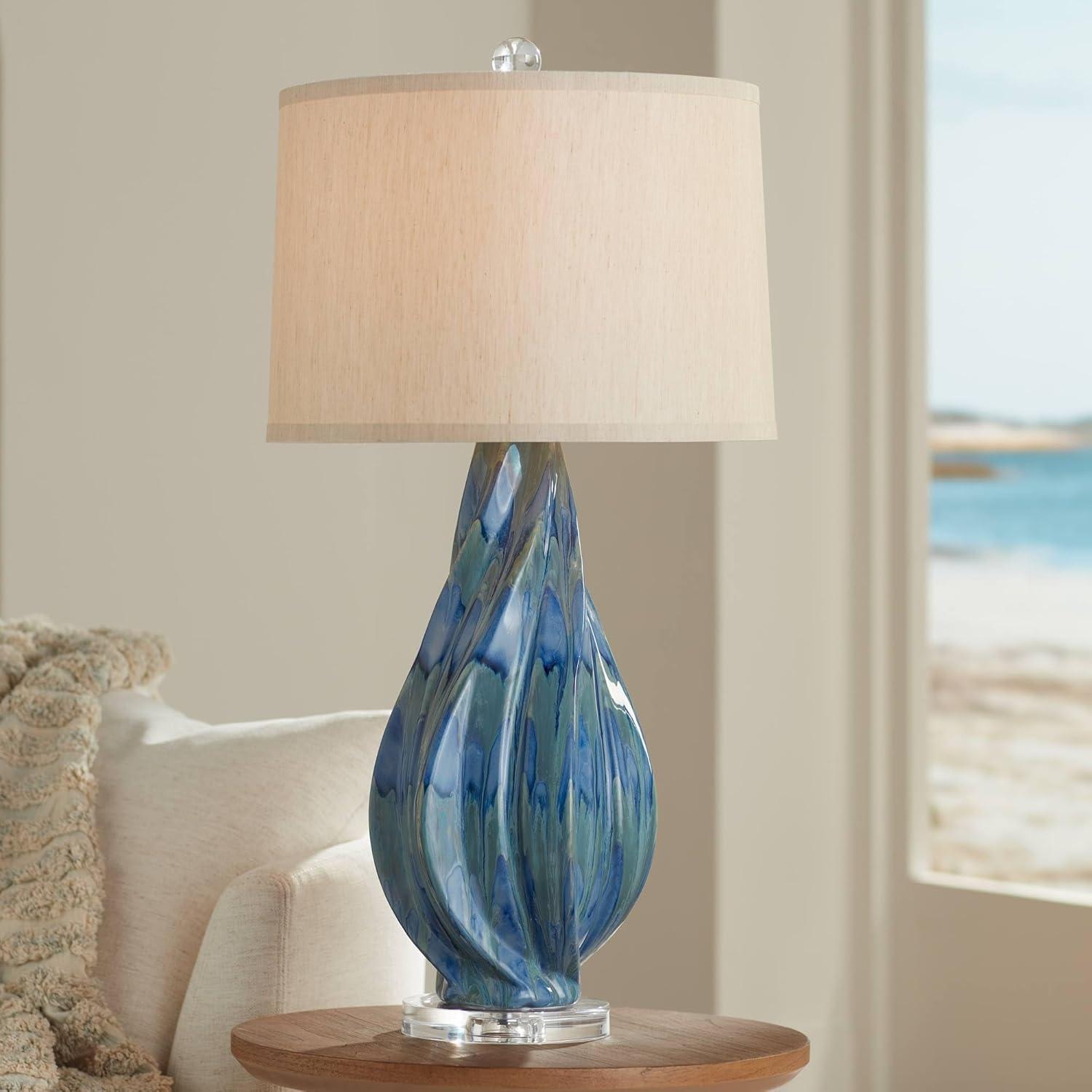 Teal Blue Drip Ceramic Table Lamp with Beige Shade