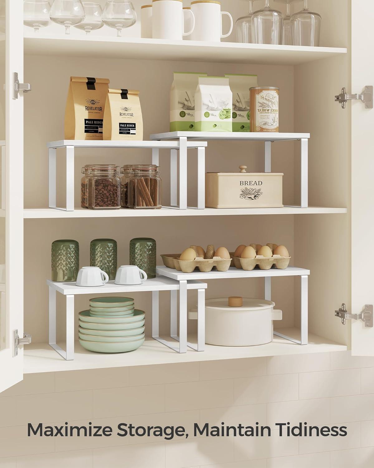 Cabinet Organizer Shelf, Set of 2 Kitchen Counter Shelves, Kitchen Storage, Spice Rack, Stackable, Expandable, Metal and Engineered Wood, Cloud White and Snow White UKCS02W01