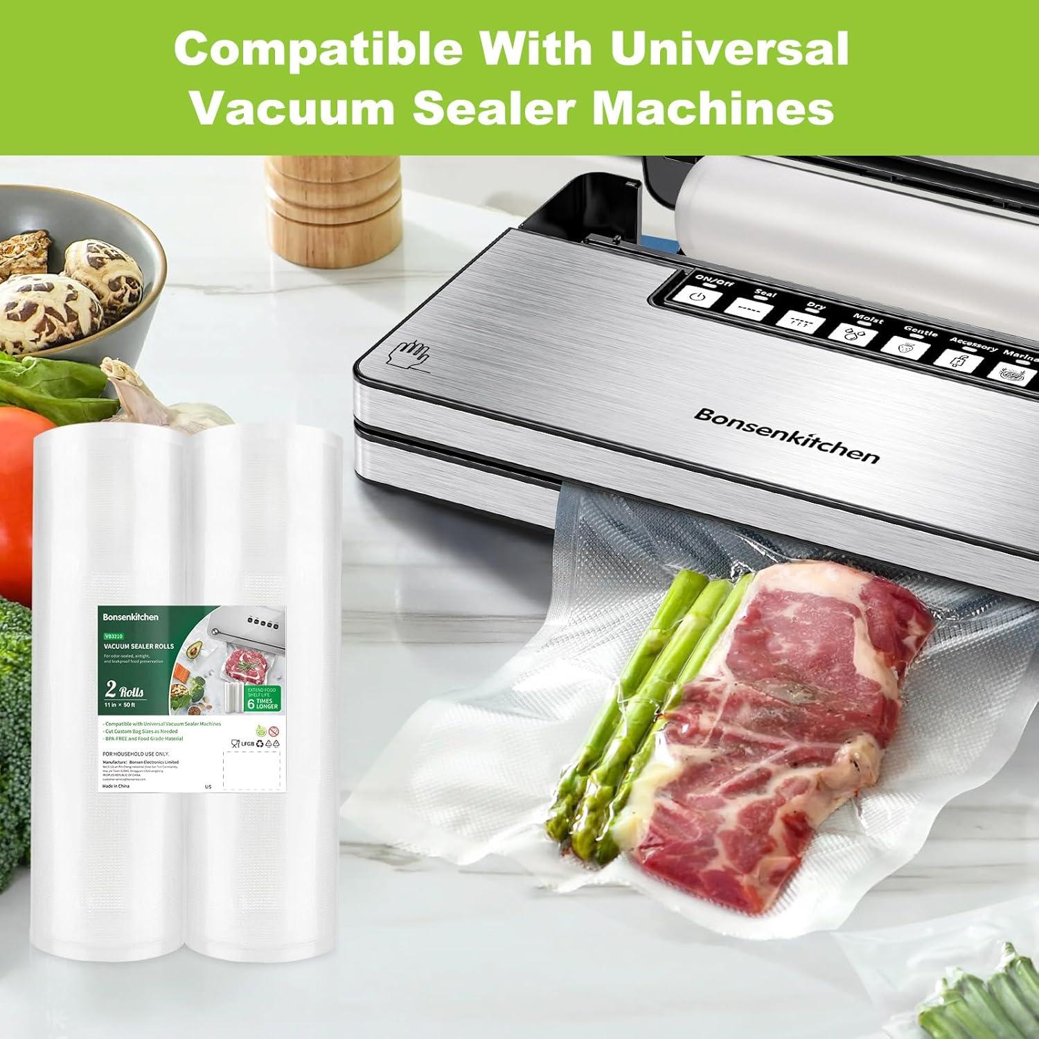 Bonsenkitchen Vacuum Sealer Bags, 11 in x 50 ft Rolls 2 Pack, BPA Free, Commercial Grade Textured Food Roll Bags, Customized Size, Sous Vide Cooking