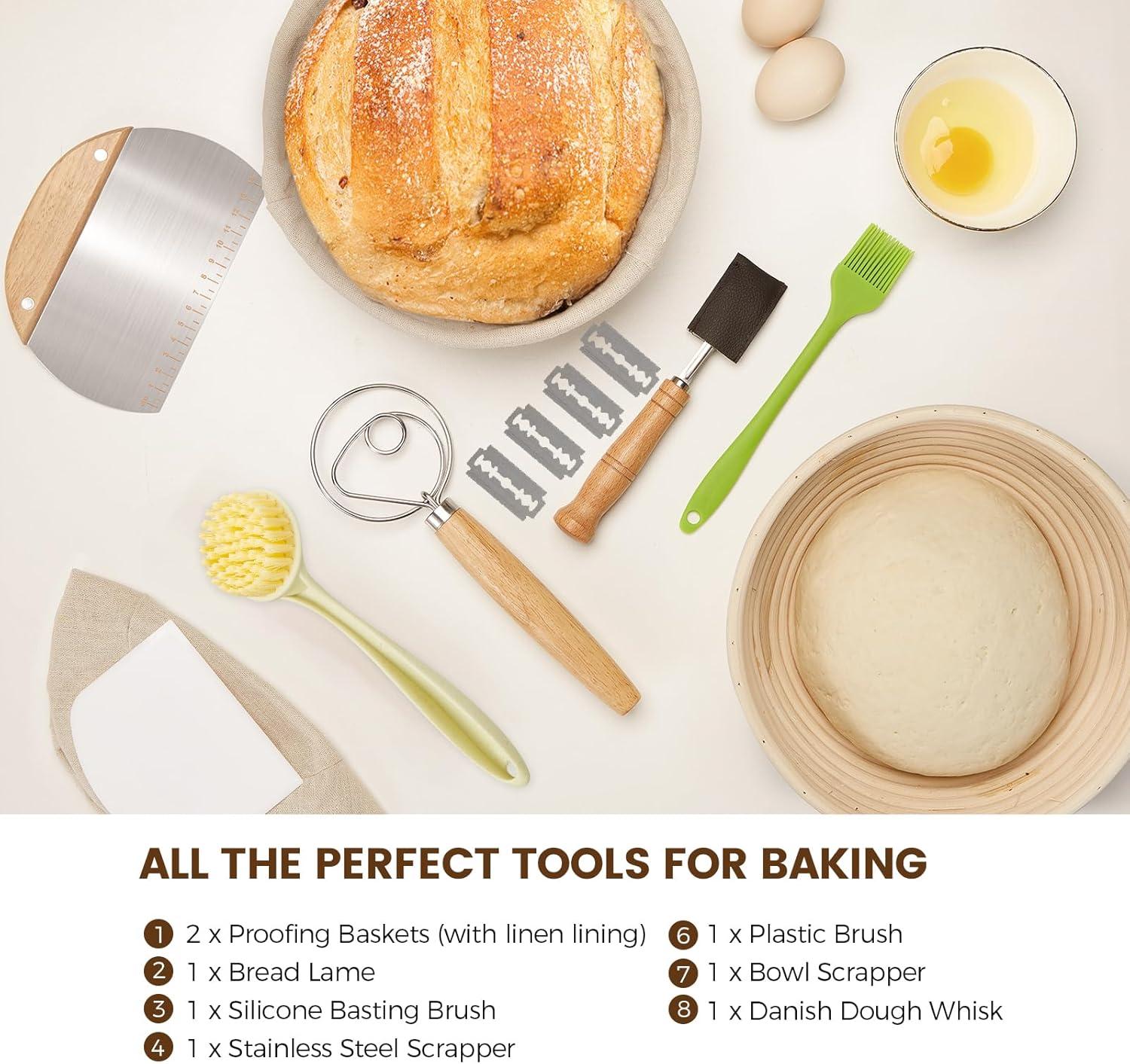 Banneton Bread Proofing Basket - Sourdough Starter Kit Banneton Sourdough Proofing Basket Set of 2, Sourdough Bread Baking Supplies for Making Baking Fermentation (9" Round & 10" Oval, 6 Accessories)