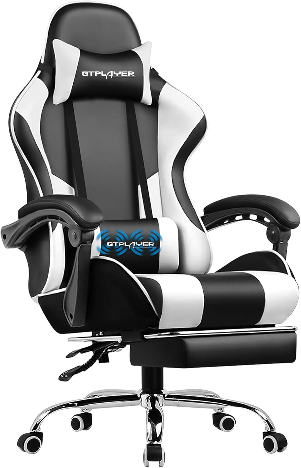 White and Black Ergonomic Gaming Chair with Footrest and Lumbar Support