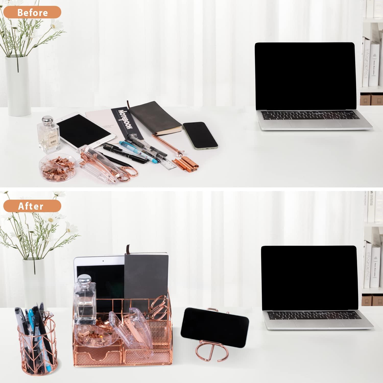 KISPATTI Desk Organizers and Accessories, Rose Gold Office Supplies with Mesh Desk Organizer, Acrylic Stapler, Staples, Ballpoint Pen, Clips Set, Pen Holder, Ruler, Scissor, Phone Holder