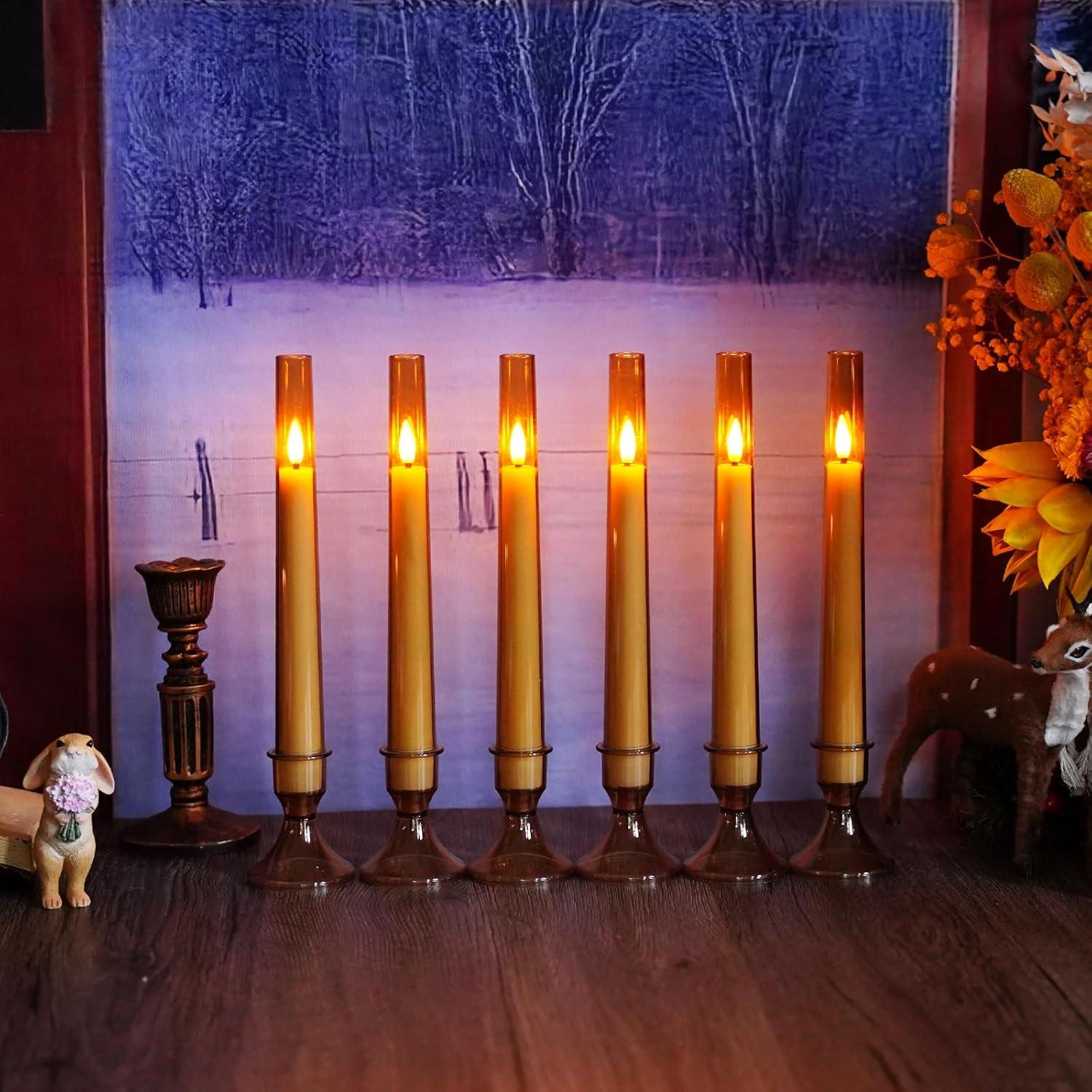 6pcs Waxy Flameless Taper Candles with Remote, Led Flameless Candlesticks Classic Tall Taper Candles with Holders Flickering Battery Operated Taper Candles for Bedroom Dining Room