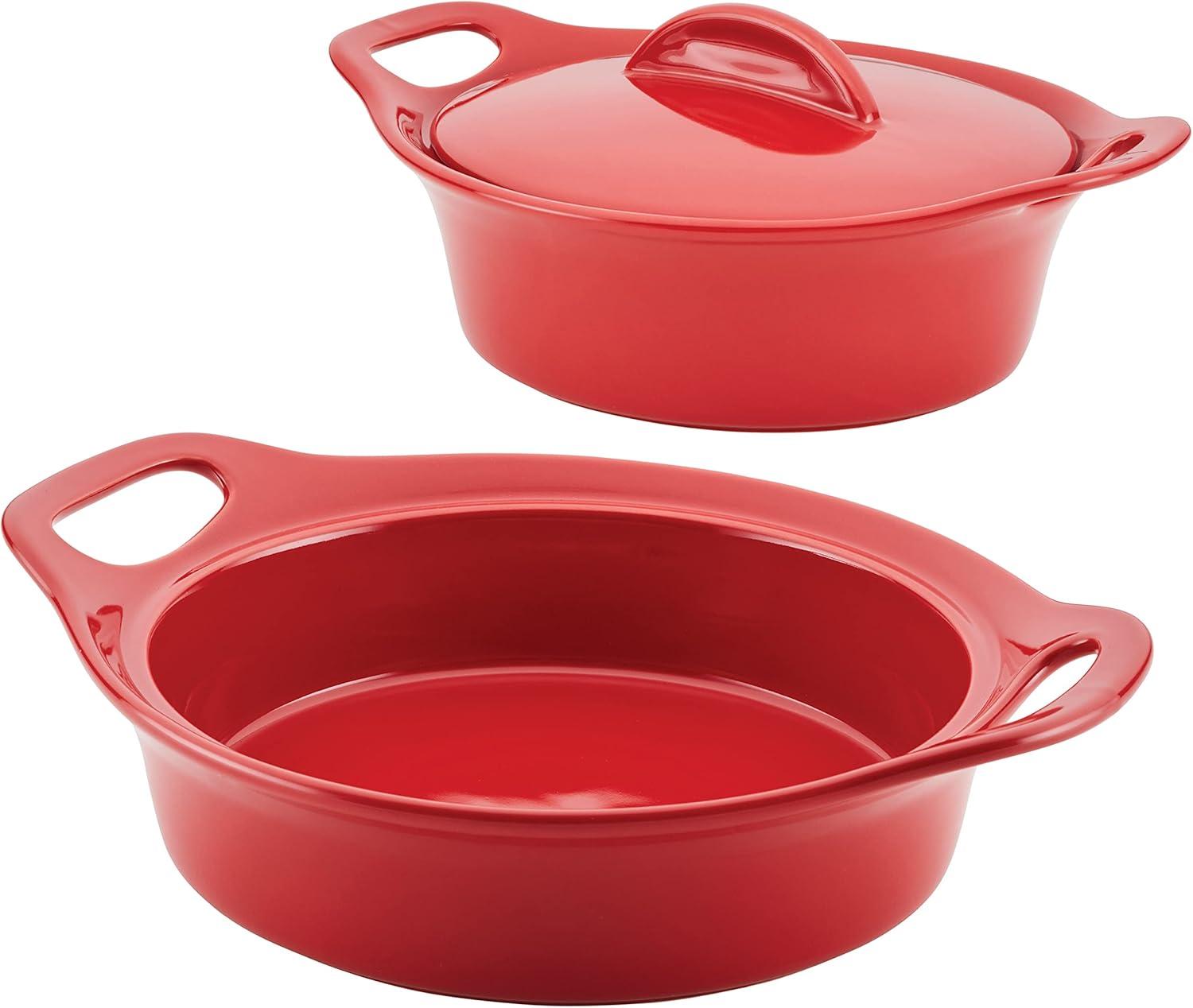 Red Ceramic Round Casserole Dish Set with Lid, 3-Piece