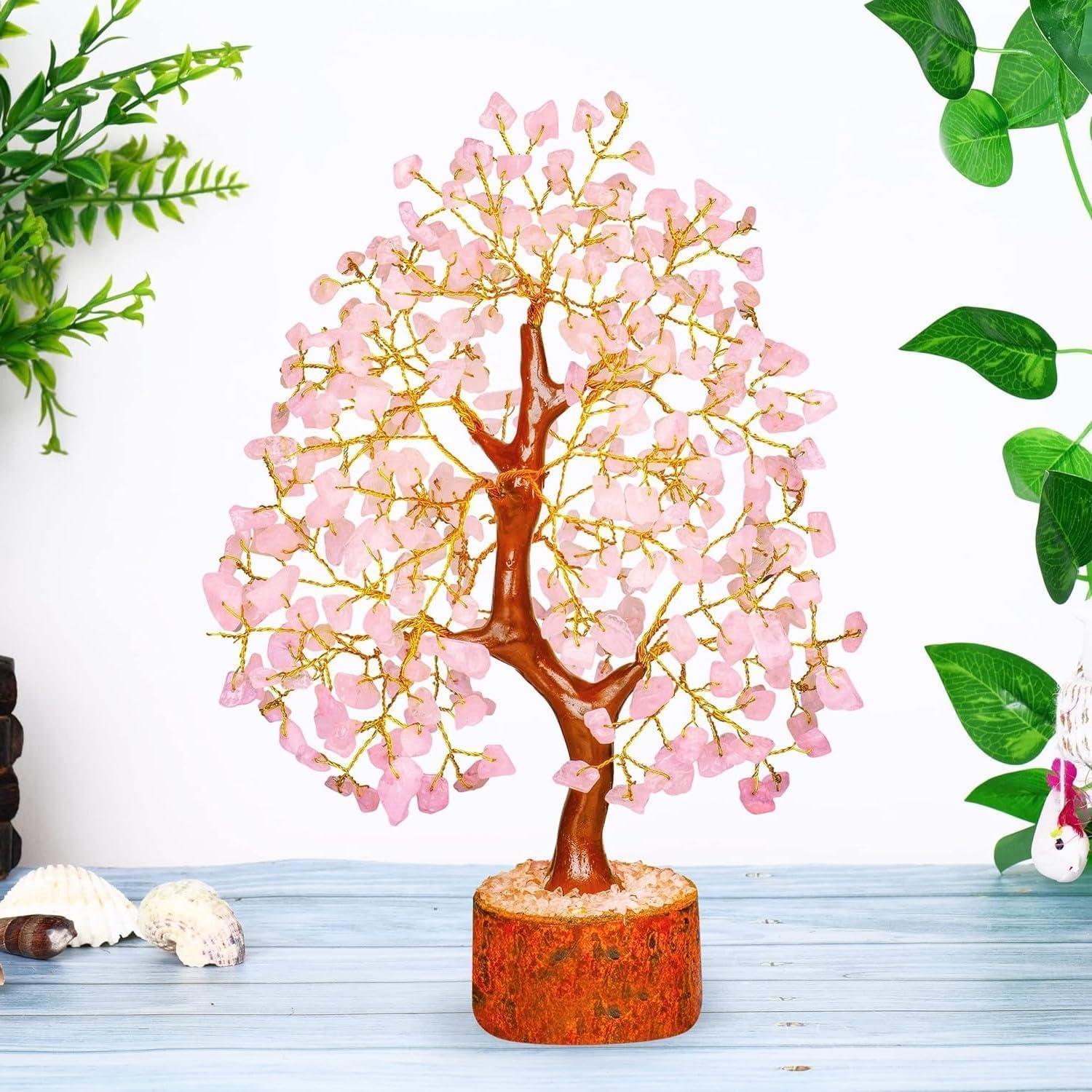 Rose Quartz Gemstone Tree - Crystal for Positive Energy, Handmade Chakra Tree, Feng Shui Figurine Money Bonsai, Good Luck Reiki Healing Crystals, Decoration Ornament Sculpture Prosperity Gift