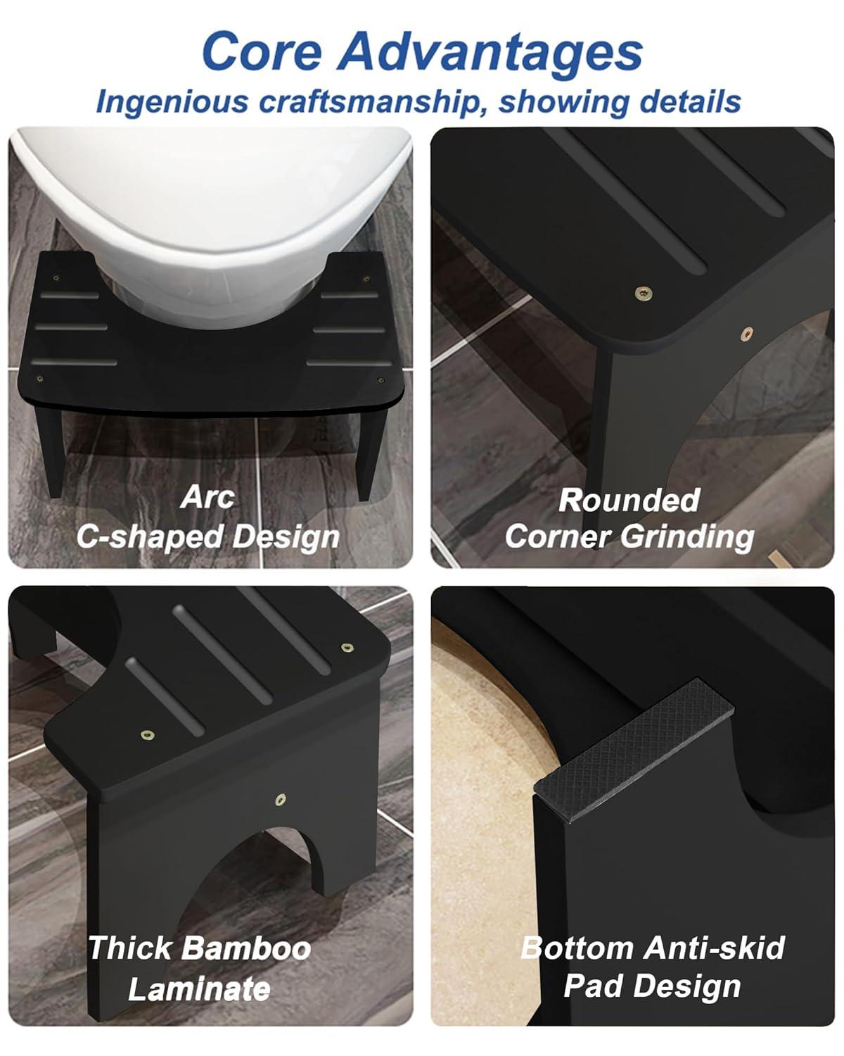 Bamboo Toilet Stool for Adults, 6.5" Toilet Stool Squat Adult Kids, Portable Simple Curve Squat Toilet Potty Stool, Non-Slip Poop Stool for Bathroom, Improve Squatting Posture and Comfort (Wood)